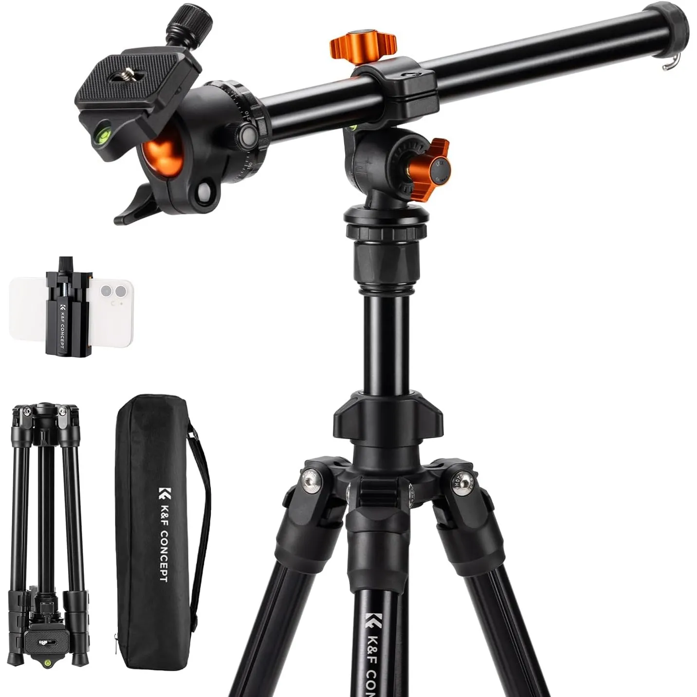 K&F CONCEPT 195cm Aluminium Kamerastativ mit Auslegearm | Handy-Stativ, Tripod für unterwegs, Stativ für Smartphone mit…
