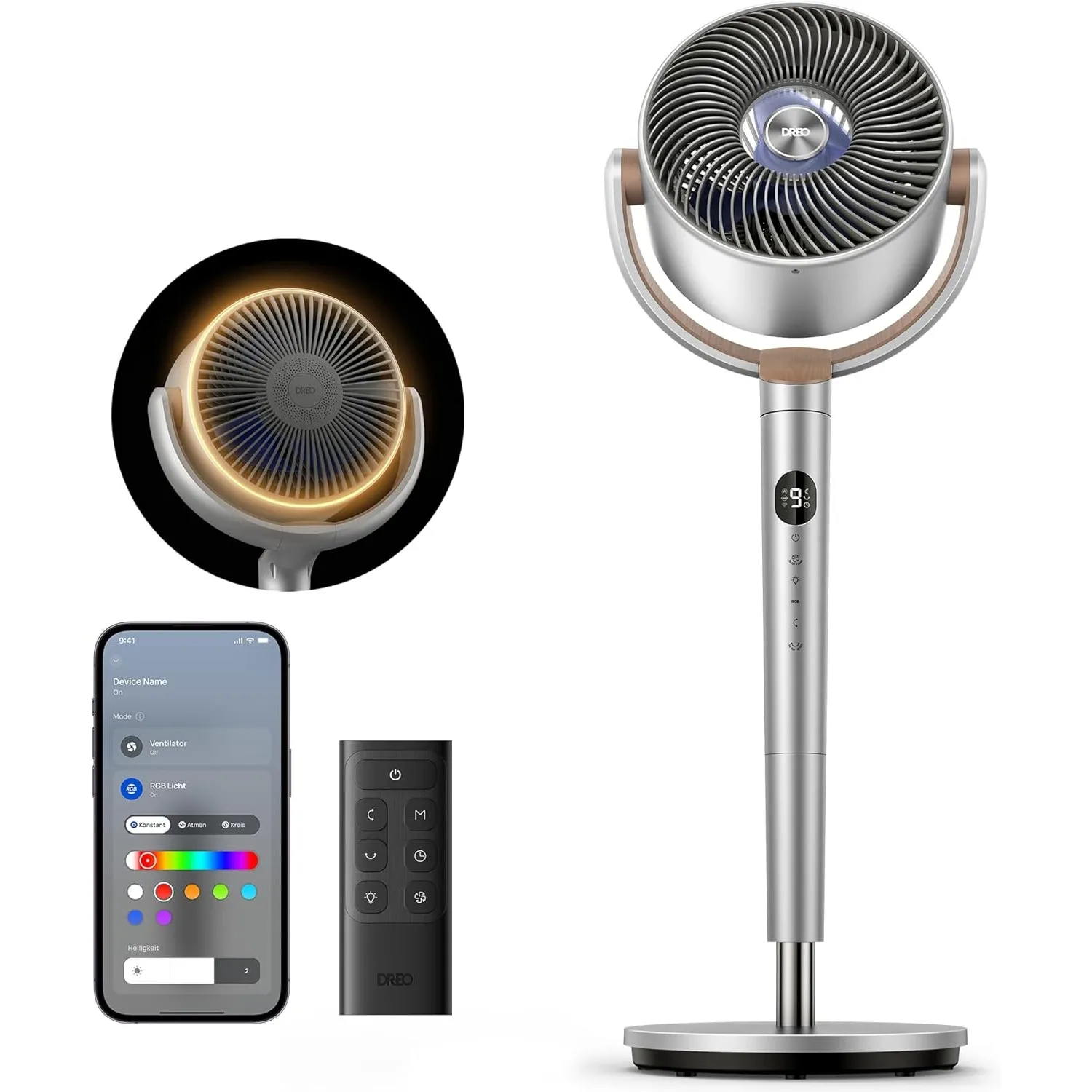 DREO Smart Standventilator mit RGB Light, 120° +120° Oszillierender Ventilator mit Fernbedienung, 20dB Leiser Bodenvent…