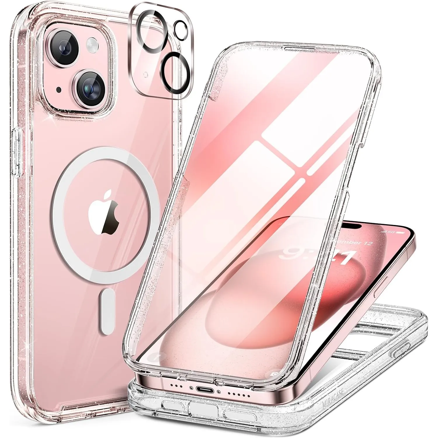 miracase Vollschutzhülle für iPhone 15, Magsafe, Klar Glitzer | Eingebaute 9H Panzerglas Schutzfolie | Komplettschutz |…