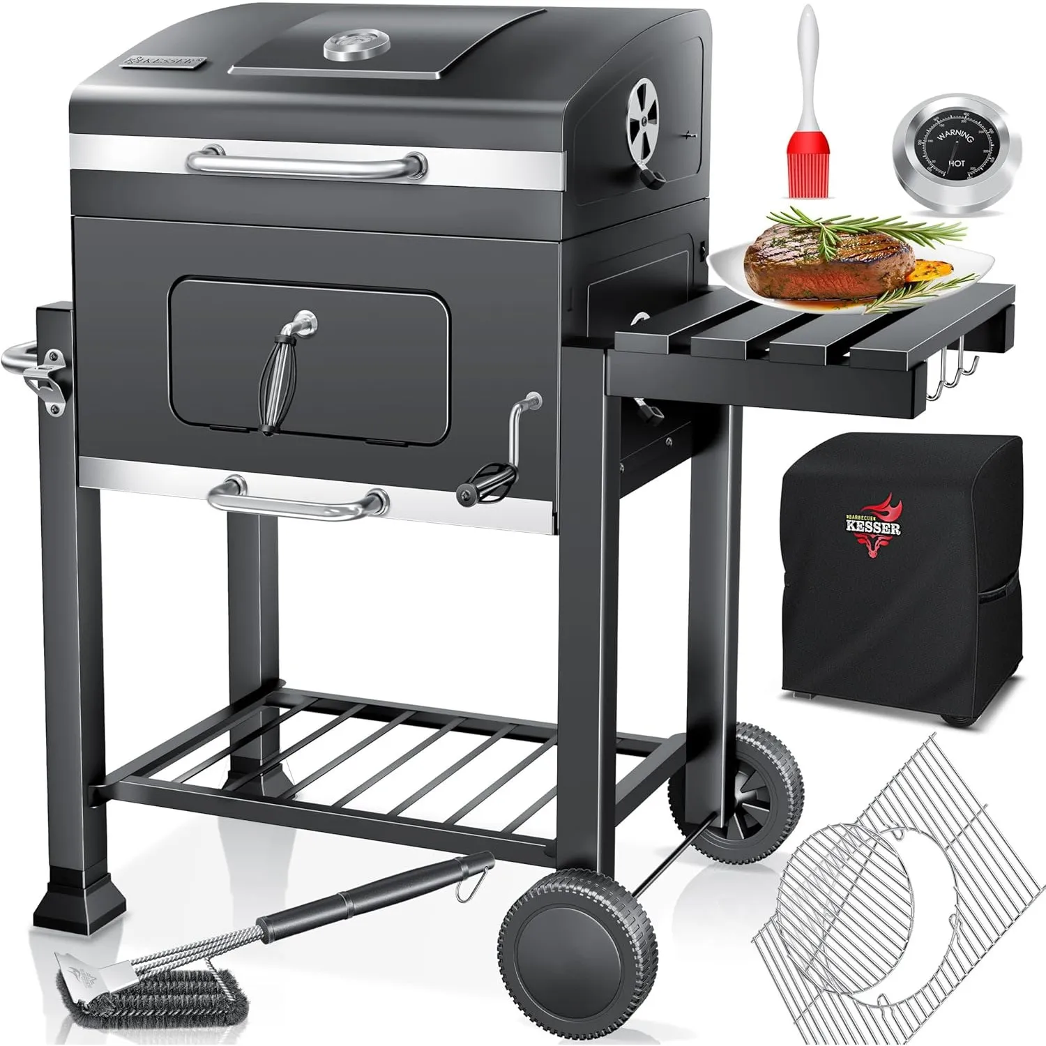 KESSER® Holzkohlegrill XL Grillwagen Set mit Deckel & Thermometer – BBQ Kohlegrill Wagen, Smoker Grill, Standgrill mit …