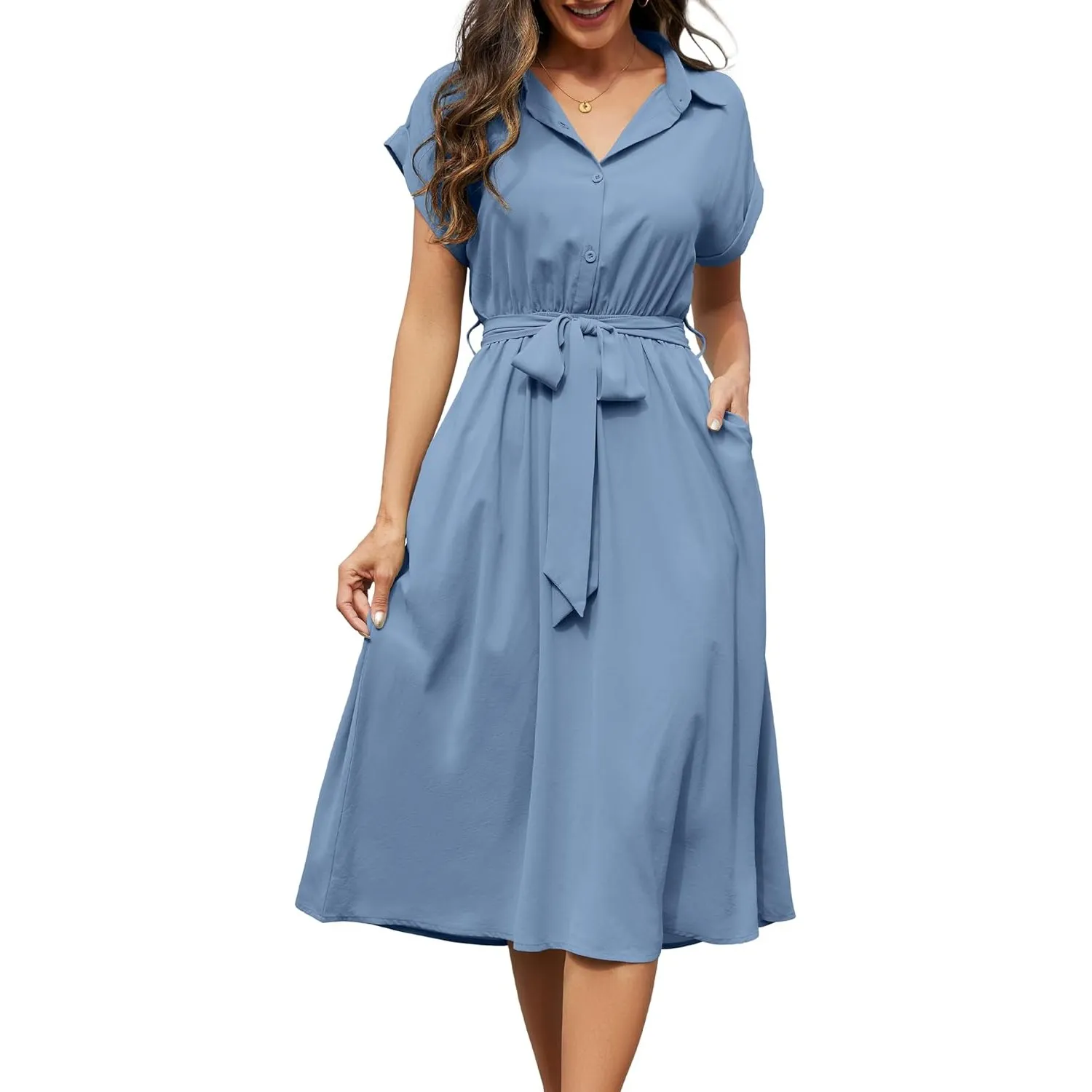 Cassiecy Sommerkleid Damen Knielang Kurzarm Blusenkleid Elegant V-Ausschnitt Midikleid Casual Wickelkleid Strandkleid m…