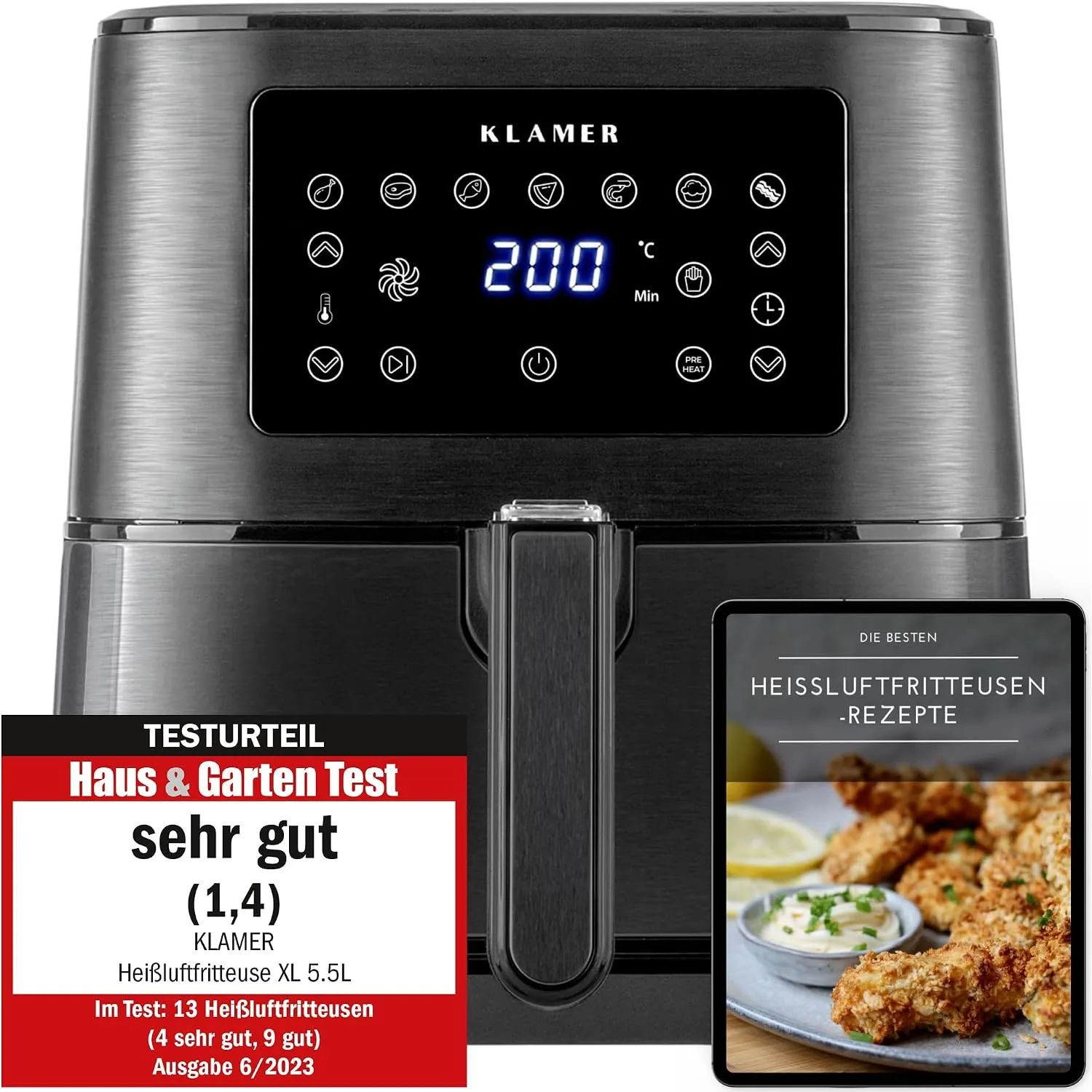 KLAMER Heißluftfritteuse 5,5 L XXL, 1700 W Airfryer, ölfreie Fritteuse
