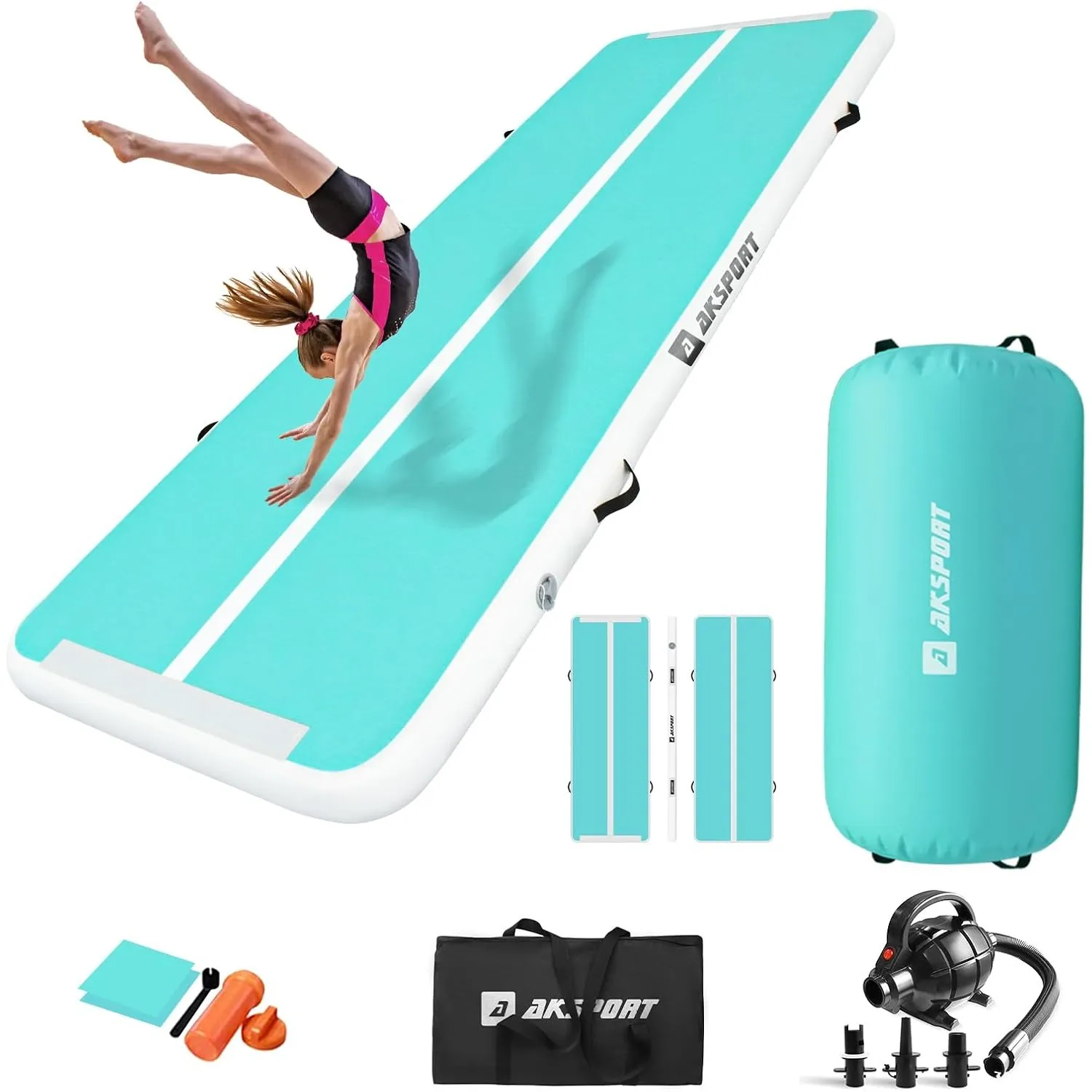 AKSPORT Airtrack mit Air Roll Aufblasbar Gymnastikmatte Turnmatte Air Tracking Matte 3m mit rolle mit Luftpumpe für Hau…