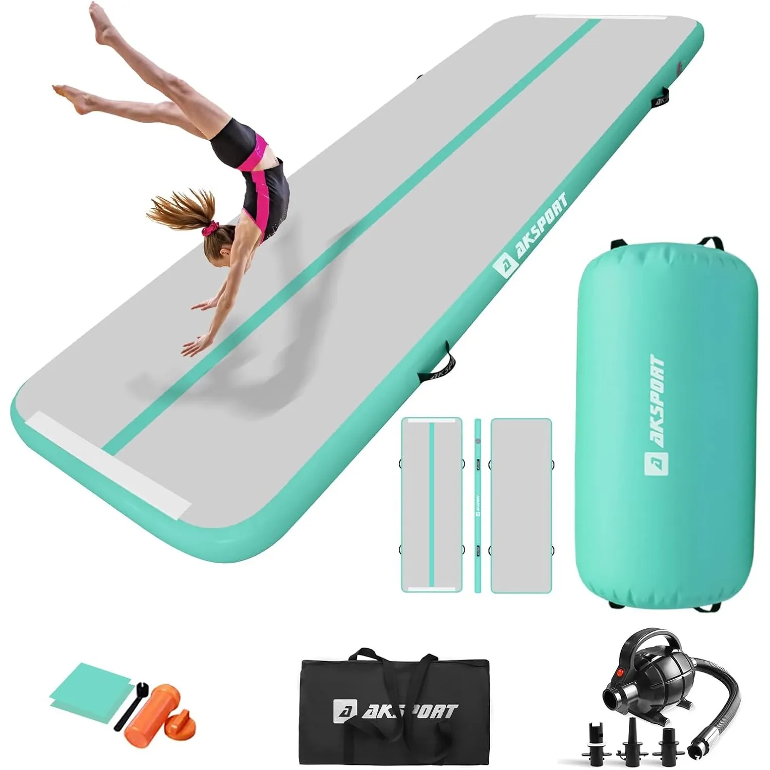 AKSPORT Airtrack mit Air Roll Aufblasbar Gymnastikmatte Turnmatte Air Tracking Matte 3m mit rolle mit Luftpumpe für Hau…