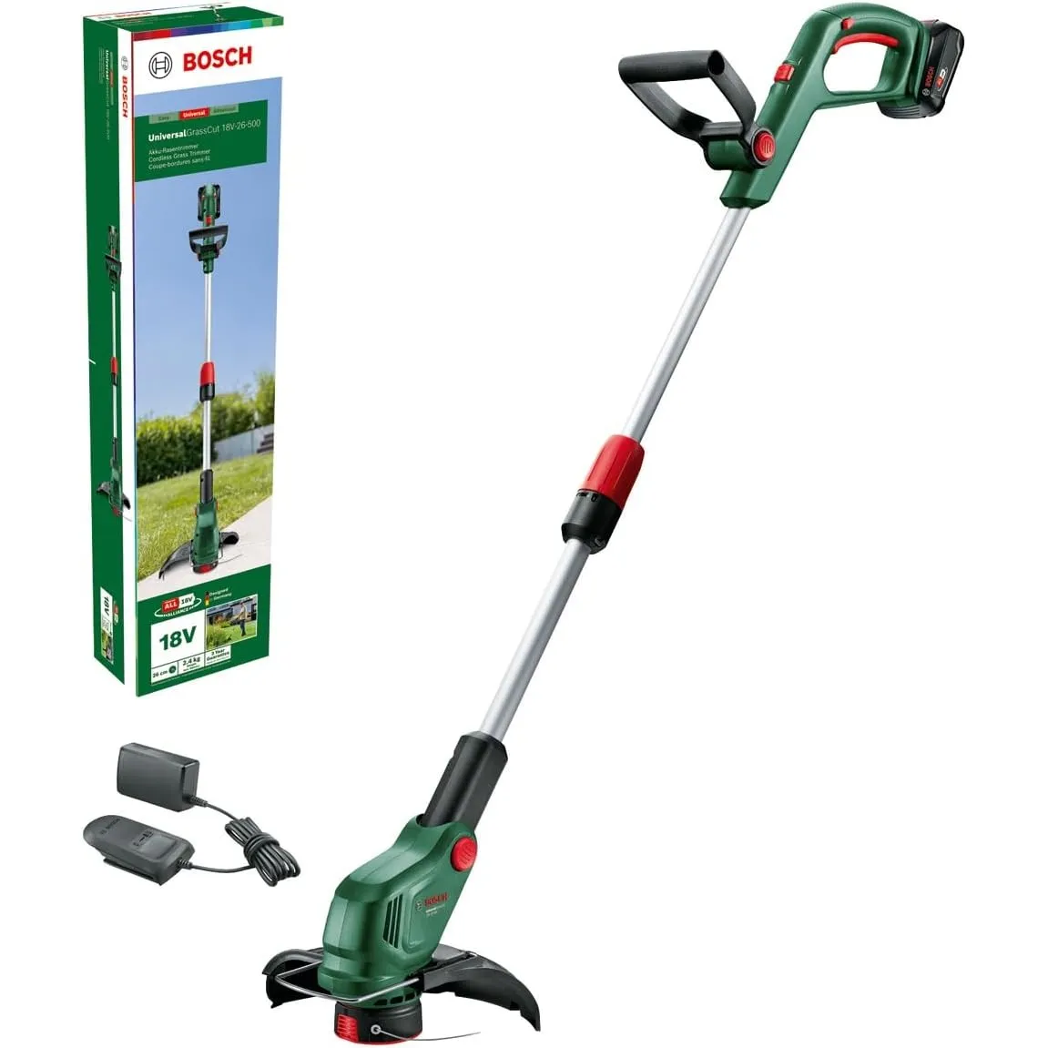 Bosch Akku-Rasentrimmer UniversalGrassCut 18V-26-500 (zum Rasentrimmen und Kantenschneiden; Ladezeit: 65 min; Schnittkr…