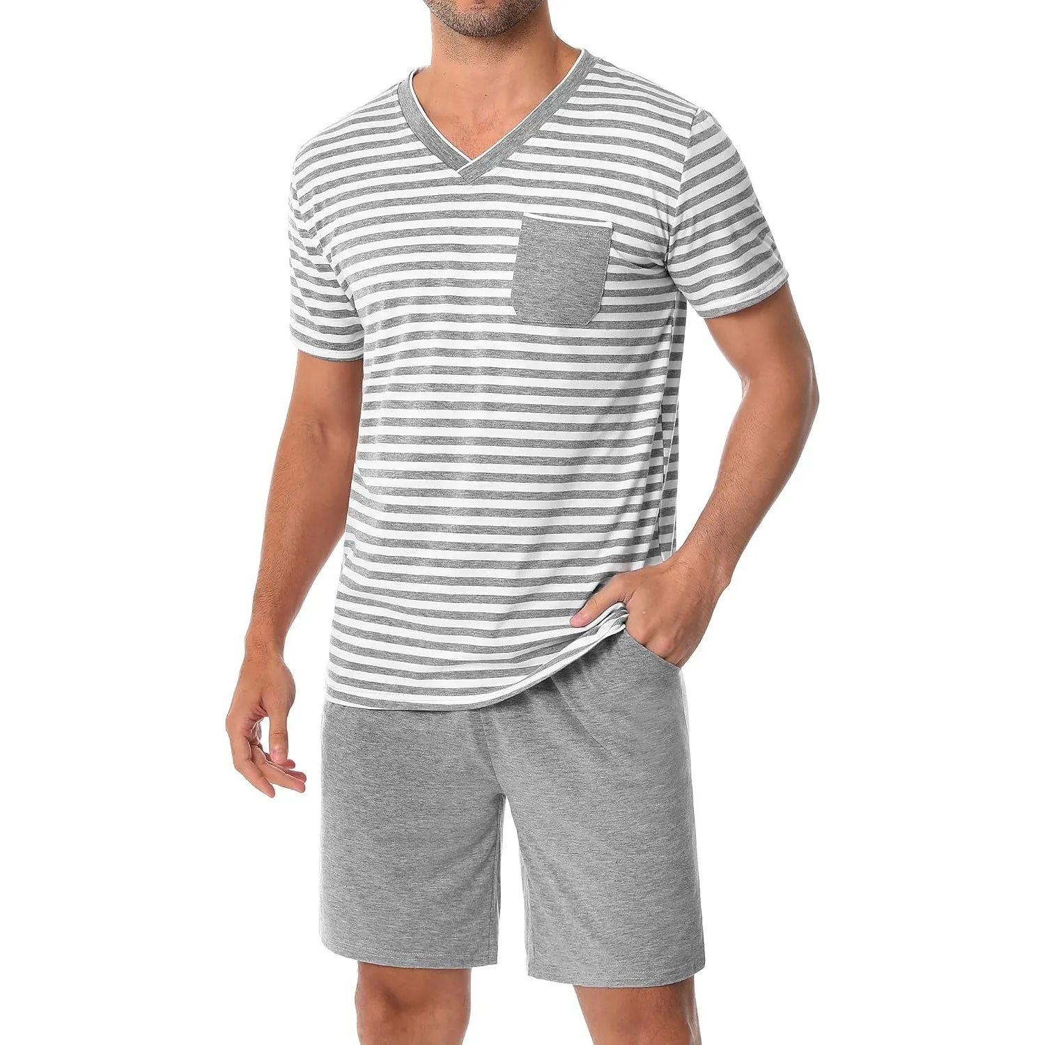 Schlafanzug Herren Kurz aus Baumwolle mit Kontraststreifen Design, Sommer Pyjama Set Oberteile und Kurze Hosen für Vate…