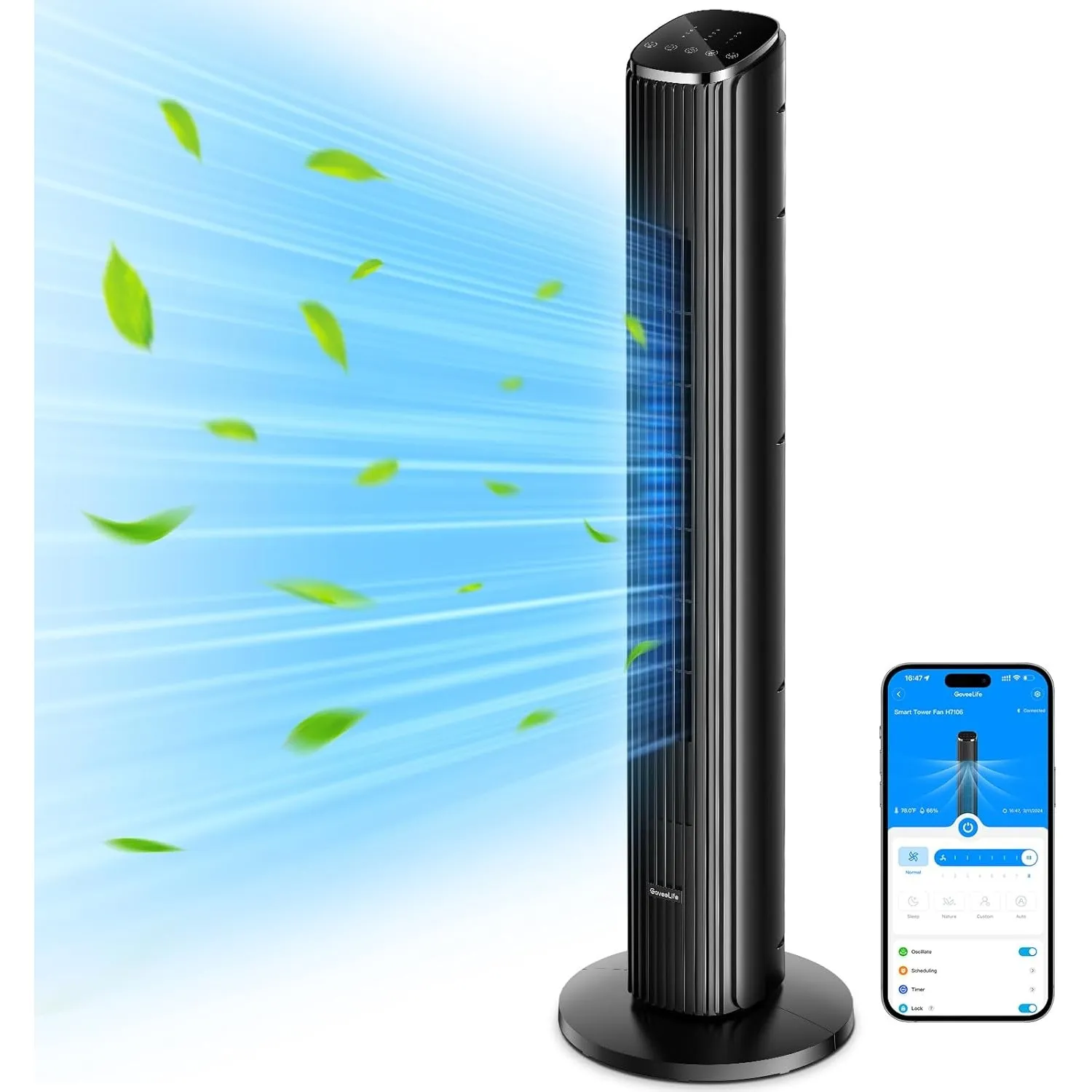 GoveeLife Intelligente leiser Turmventilator, 75° Oszillierende Ventilatoren mit App- und Sprachfernbedienung, 6.3m/s G…