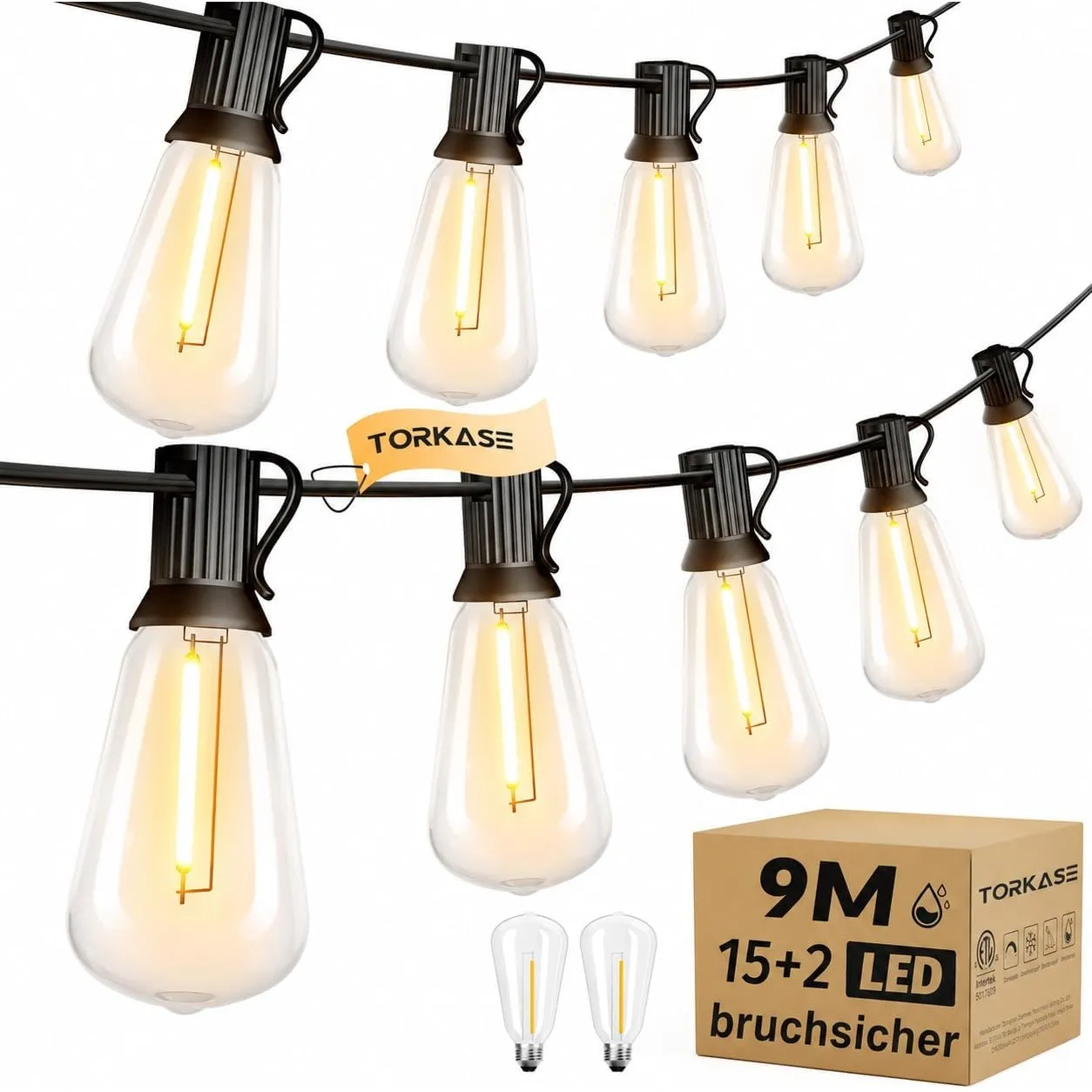 Lichterkette Led Außen Strom Outdoor - 9M 15+2 ST38 Glühbirnen Garten Beleuchtung Balkon Lichterketten Aussen IP54 Wett…