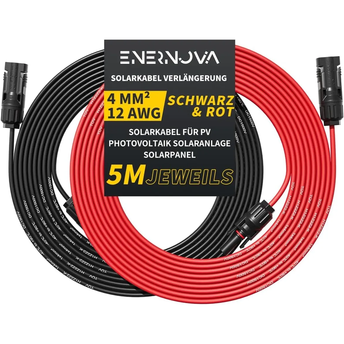 ENERNOVA Solarkabel 4mm²/6mm², Verlängerung 1-50M IP67 für PV Solaranlage | TÜV Zertifiziert H1Z2Z2-K EN50618, PPO UV-B…