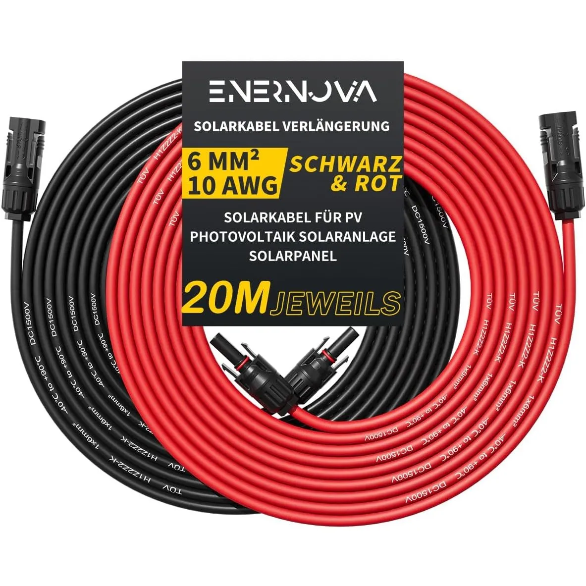 ENERNOVA Solarkabel 4mm²/6mm², Verlängerung 1-50M IP67 für PV Solaranlage