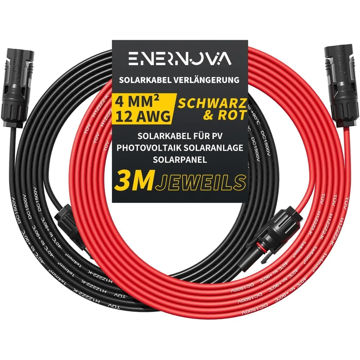 ENERNOVA Solarkabel 4mm²/6mm², Verlängerung 1-50M IP67 für PV Solaranlage | TÜV Zertifiziert H1Z2Z2-K EN50618, PPO UV-B…