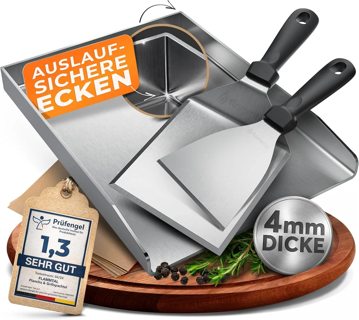flammtal - Grillplatte aus 4mm rostfreiem Edelstahl [40 x 30cm] - Plancha mit Grillspachtel Set & Burgerpapier - passen…