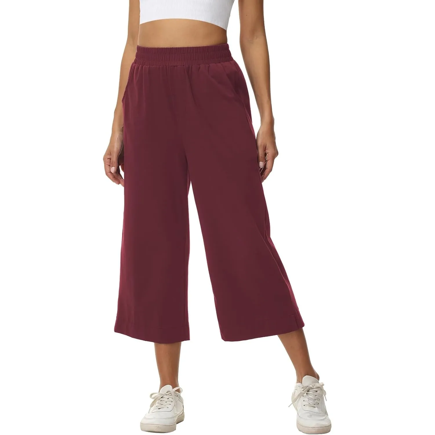 HMIYA Damen 3/4 Baumwolle Culotte Hose Leicht Sommerhose aus Dreiviertel Jogginghose Caprihose Damen Sommer mit Taschen