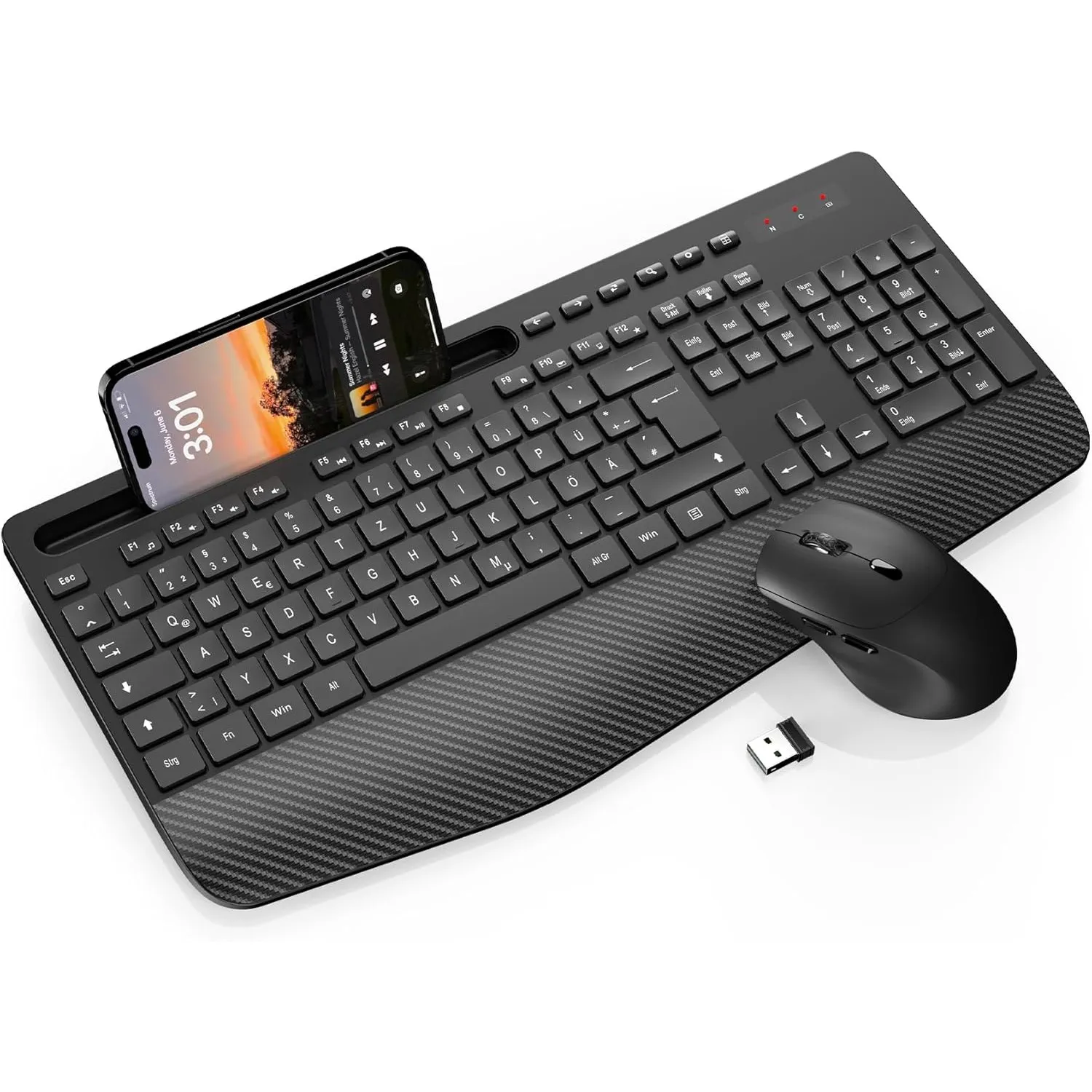 SABLUTE Tastatur Maus Set Kabellos, Handgelenkauflage, Telefonhalter-Black | 2,4 GHz Ergonomische Tastatur in Voller Gr…