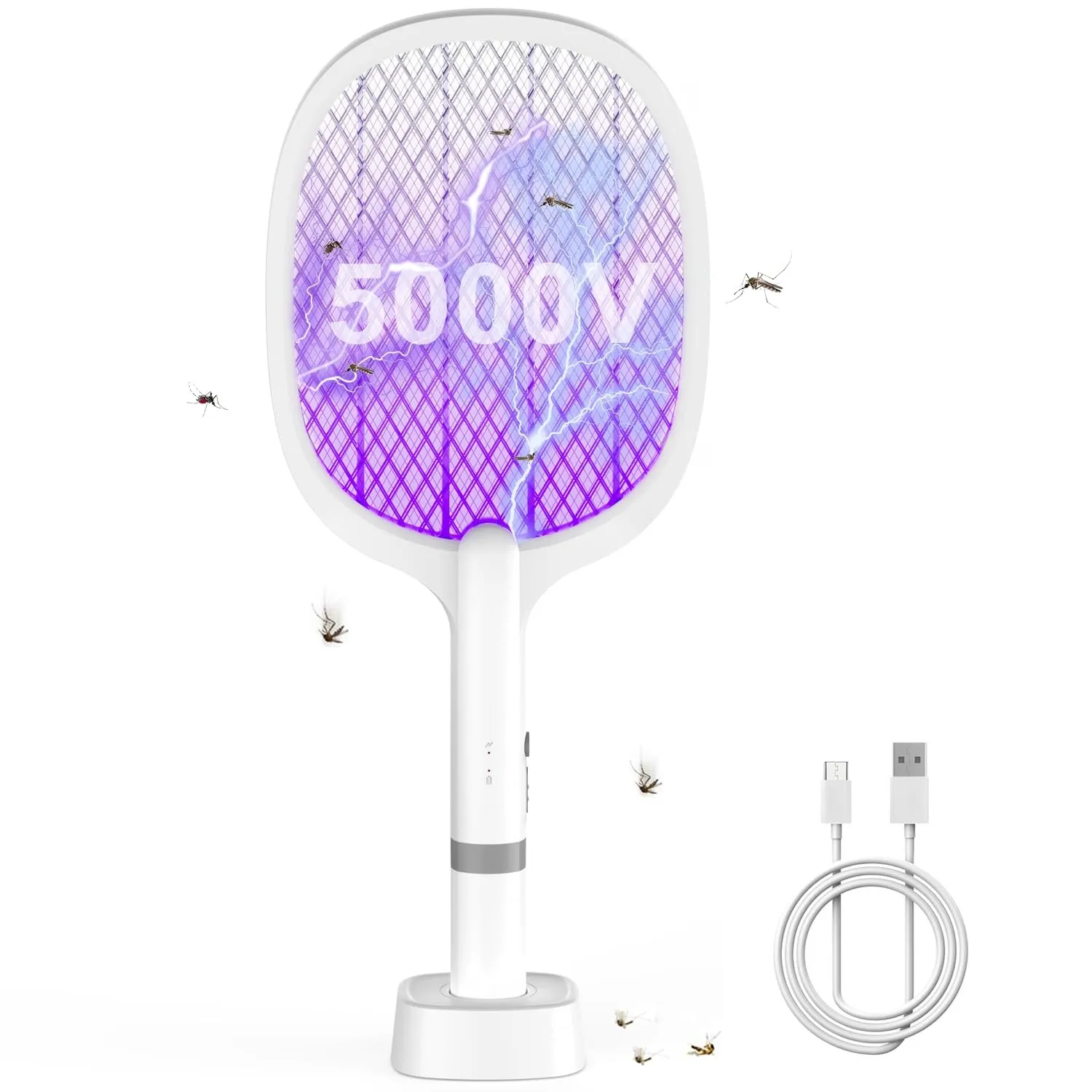 Electric Elektrische Fliegenklatsche 5000V, Extra Stark Fliegenklatsche Elektrisch, 2 in 1 USB Typ-C Elektro Mückenklat…