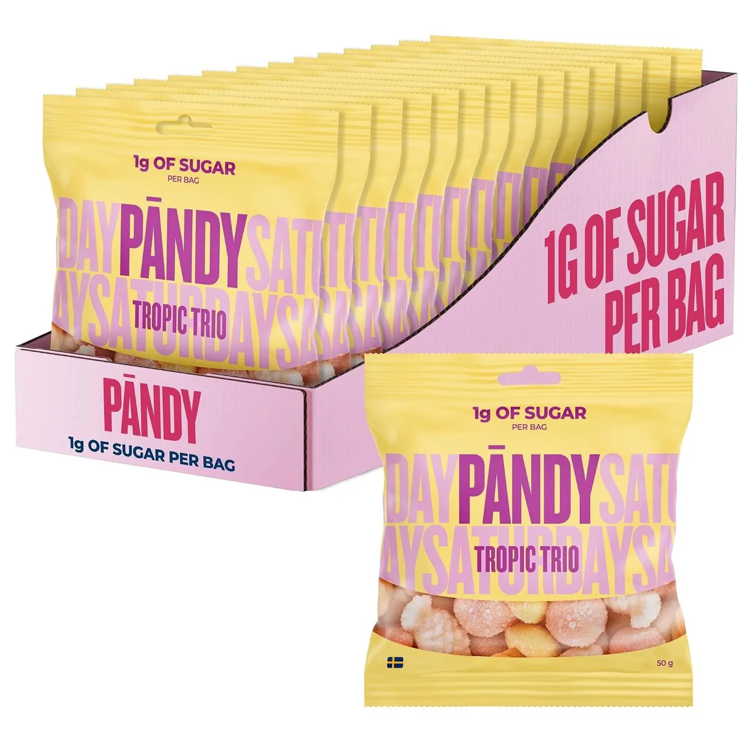 Pändy Süßigkeiten Tropic Trio Gummibärchen, unter 1g Zucker, 14x 50g | Tropische Fruchtgummis mit Ananas, Mango und Mar…