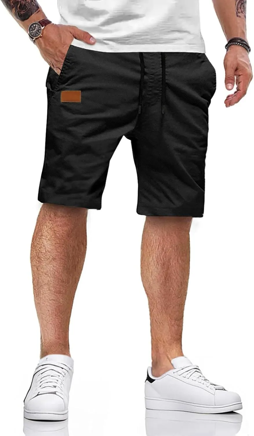 HMIYA Men's Cotton Chino Shorts Summer Casual Shorts Elastic Waist with Pockets