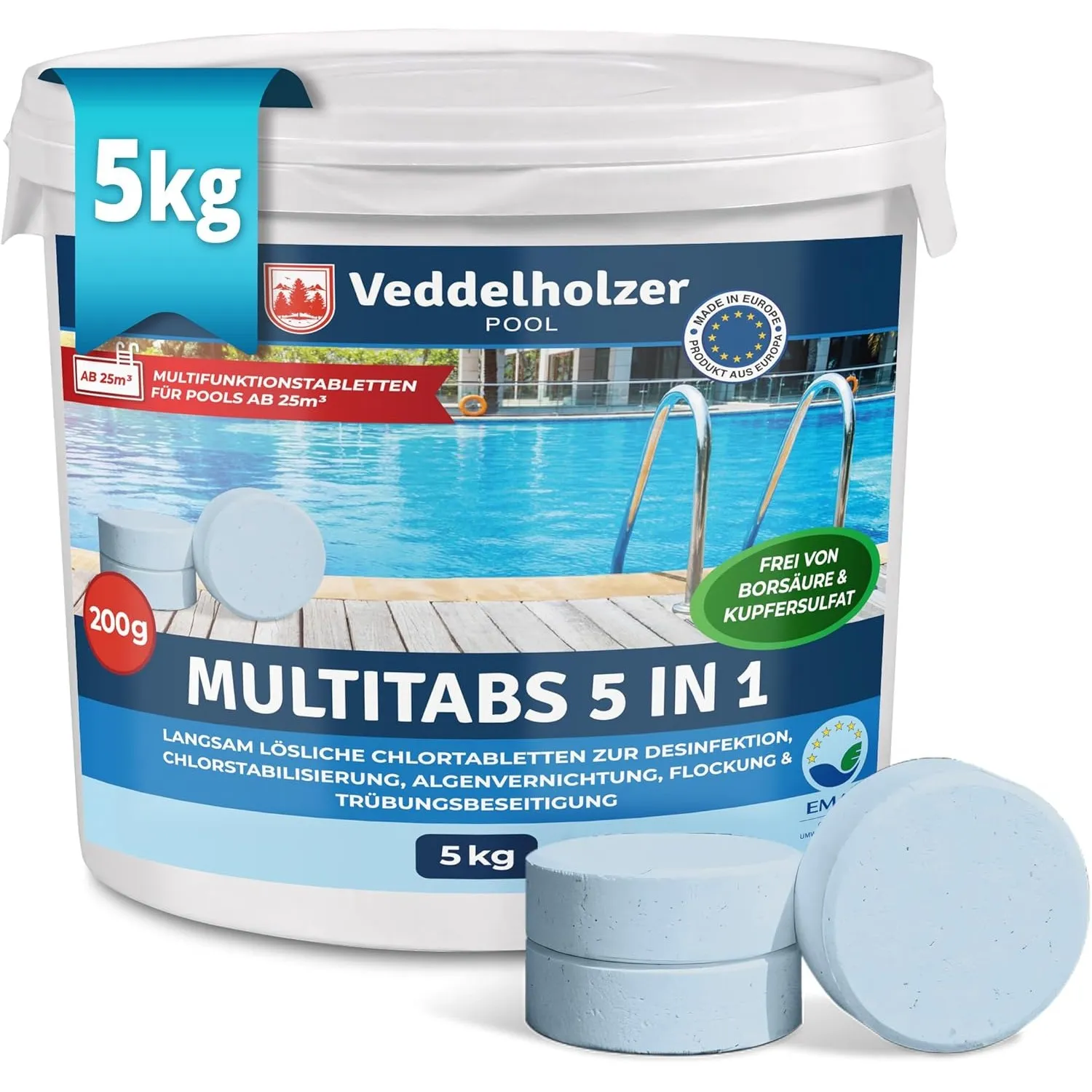 Veddelholzer 5 kg Multitabs 5 in 1 Chlortabletten für Pool als 200g Tabletten für große Pools ab 25m³ Pool Zubehör für …