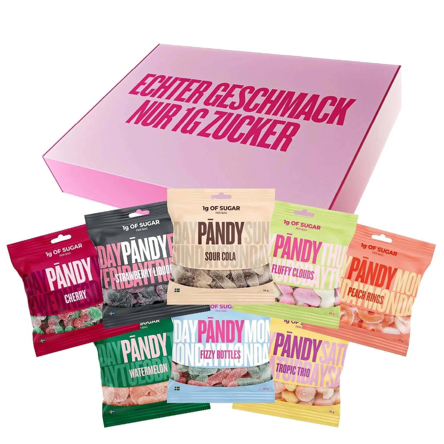 Pändy 8 Mix Süßigkeiten Multipack, Gummibärchen, 1g Zucker, 8x 50g