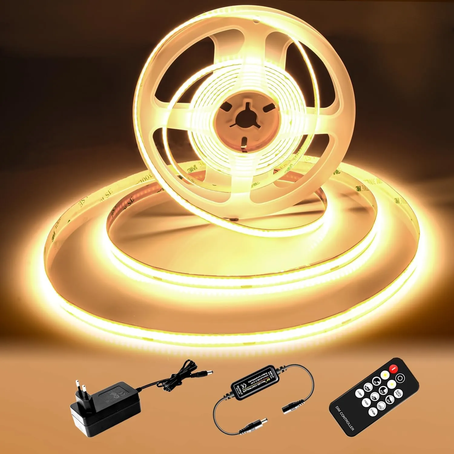 COB LED Streifen 2M, LED Streifen Warmweiss 3000K, 24V Dimmbar LED Strip, CRI92, 8mm Breite, mit Fernbedienung und Netz…