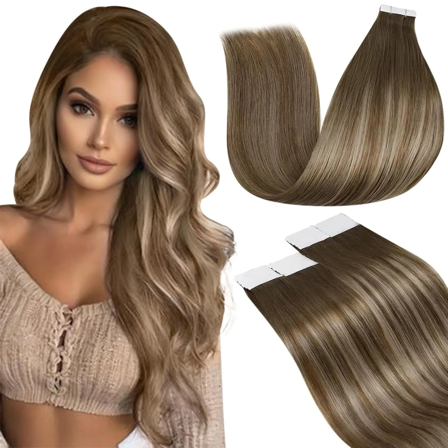 LaaVoo Tape in Extensions Echthaar Balayage Braun Echthaar Extensions Tape Skin Weft Ombre Hellbraun zu Goldene Blondin…