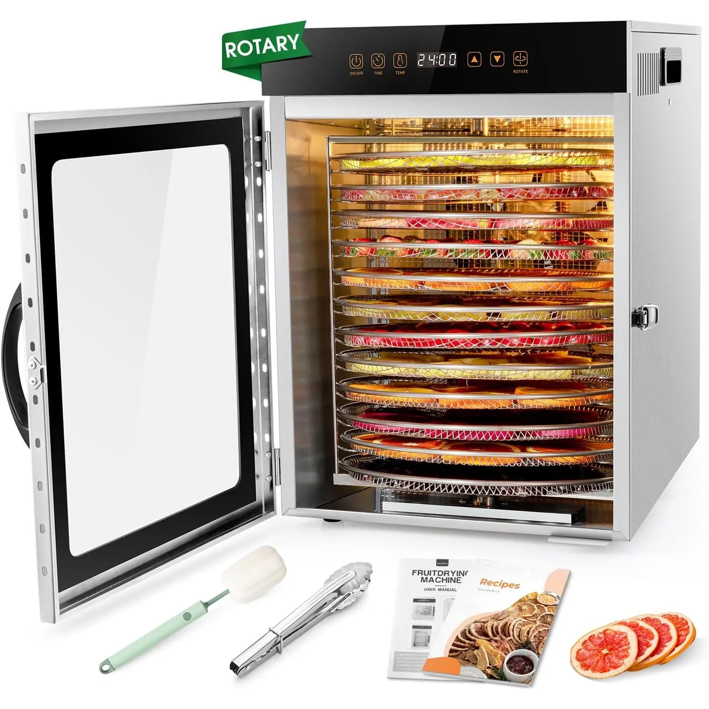 Kwasyo Dörrautomat Edelstahl, Doppelventilator 720 ° Effizientes Dry, Dörrgerät 12 Etagen Drehen, Rezeptheft für Fleisc…