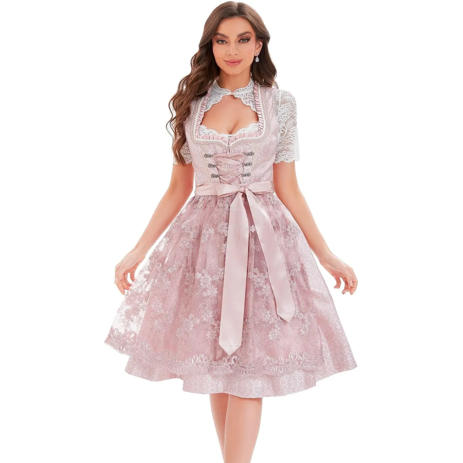 Goxozzy Dirndl Damen Midi Spitze Trachtenrock mit Dirndlschürze für Oktoberfest Größen 34-44 Rocklänge 60cm Schwarz Wei…