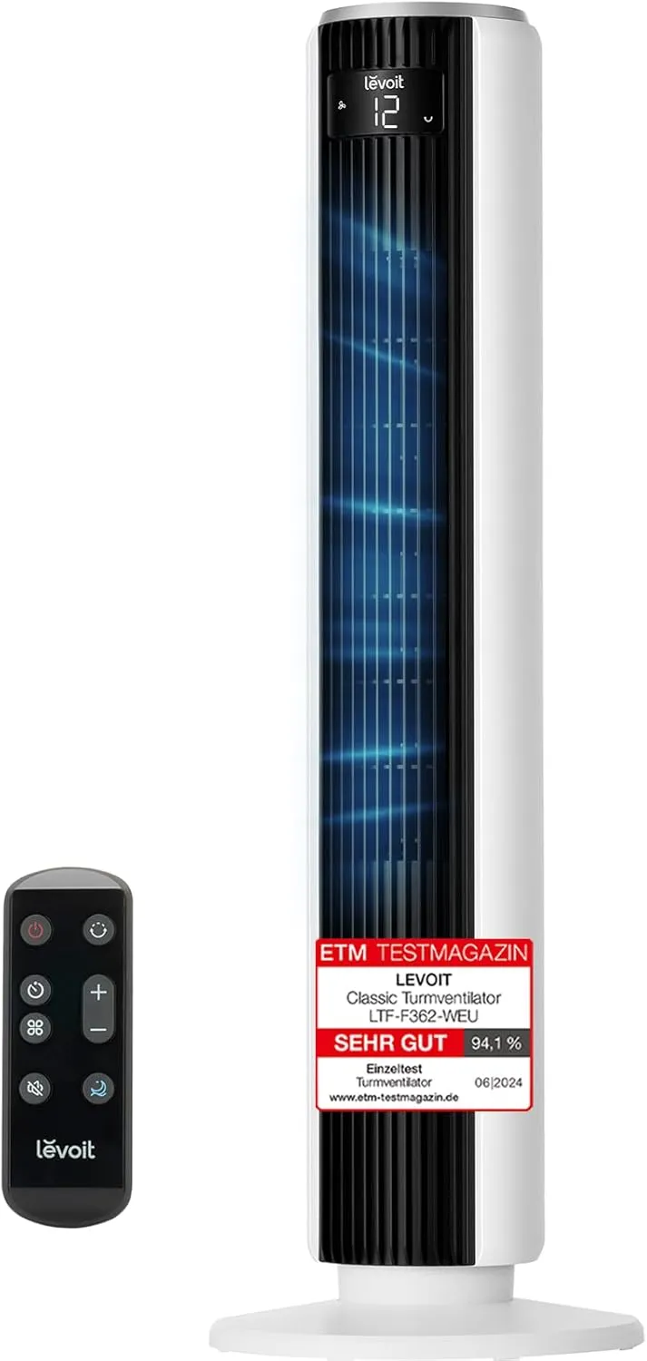 Levoit - DC Motor Tower Fan - 20dB Very Quiet Fan - 4 Modes/12 Levels/12 Hours Timer - Remote Control & Cooling - Tower…