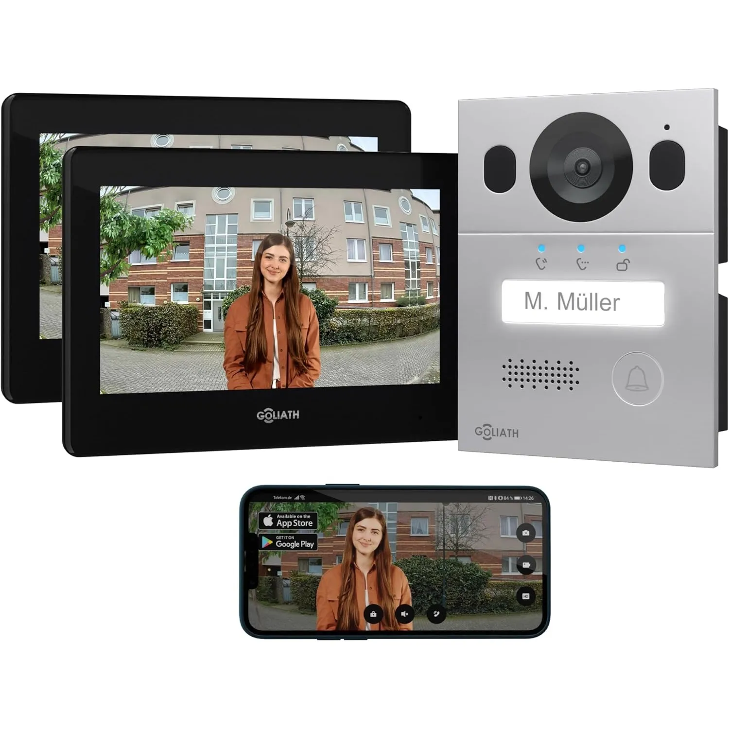 Goliath Basic Video Türsprechanlage, 2 Draht Bus, 2X 7 Zoll Monitor, Aufputz Türklingel mit Kamera, Gegensprechanlage m…