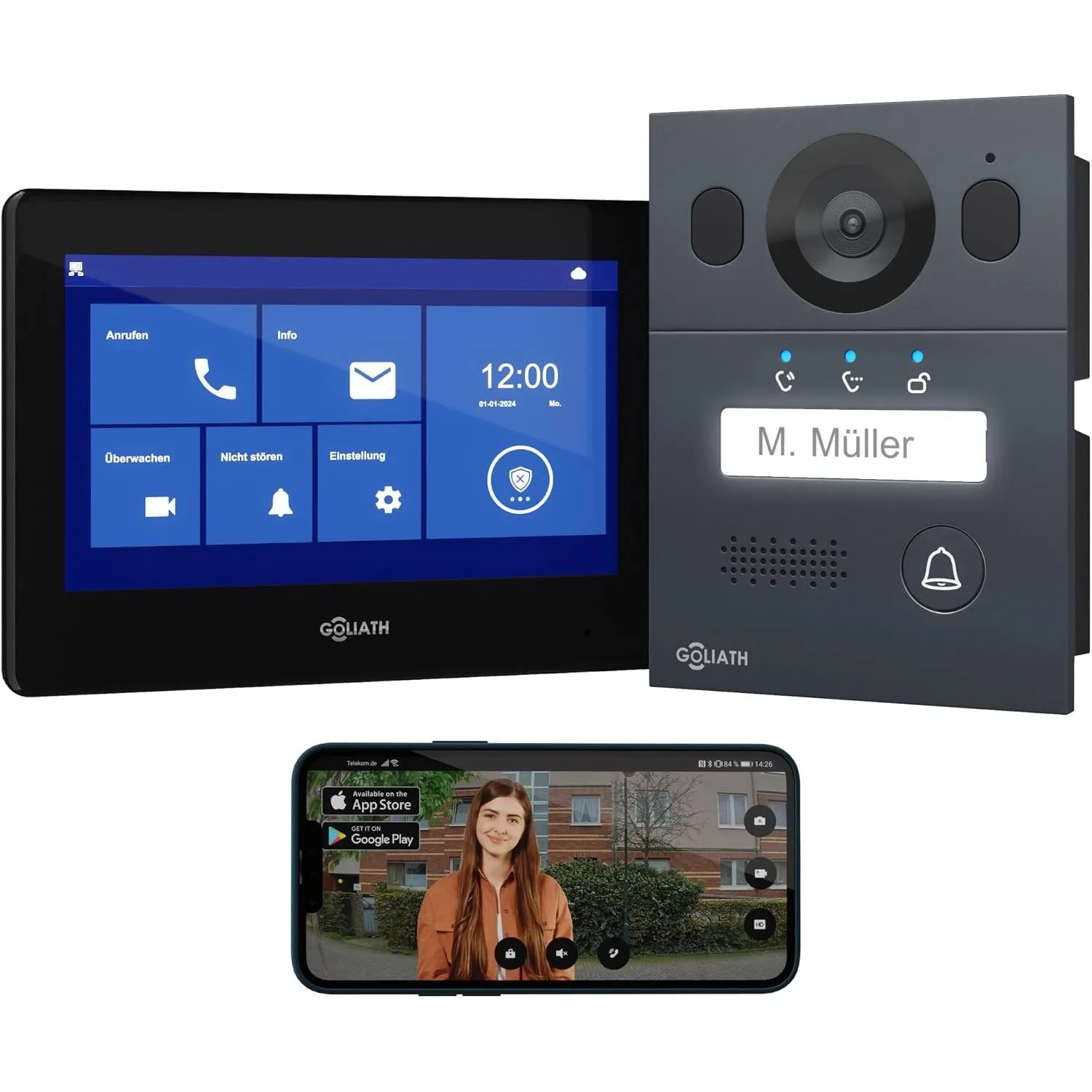 Goliath Basic Video Türsprechanlage, 2 Draht Bus, 7" Monitor, Aufputz Türklingel mit Kamera, Gegensprechanlage mit Türö…