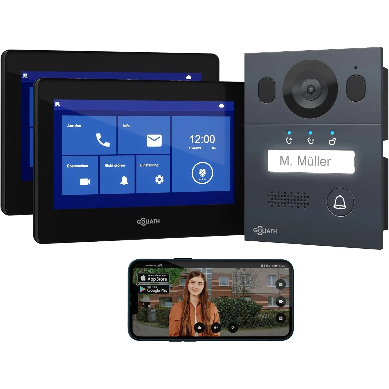 Goliath Basic Video Türsprechanlage, 2 Draht Bus, 2X 7 Zoll Monitor, Aufputz Türklingel mit Kamera, Gegensprechanlage m…