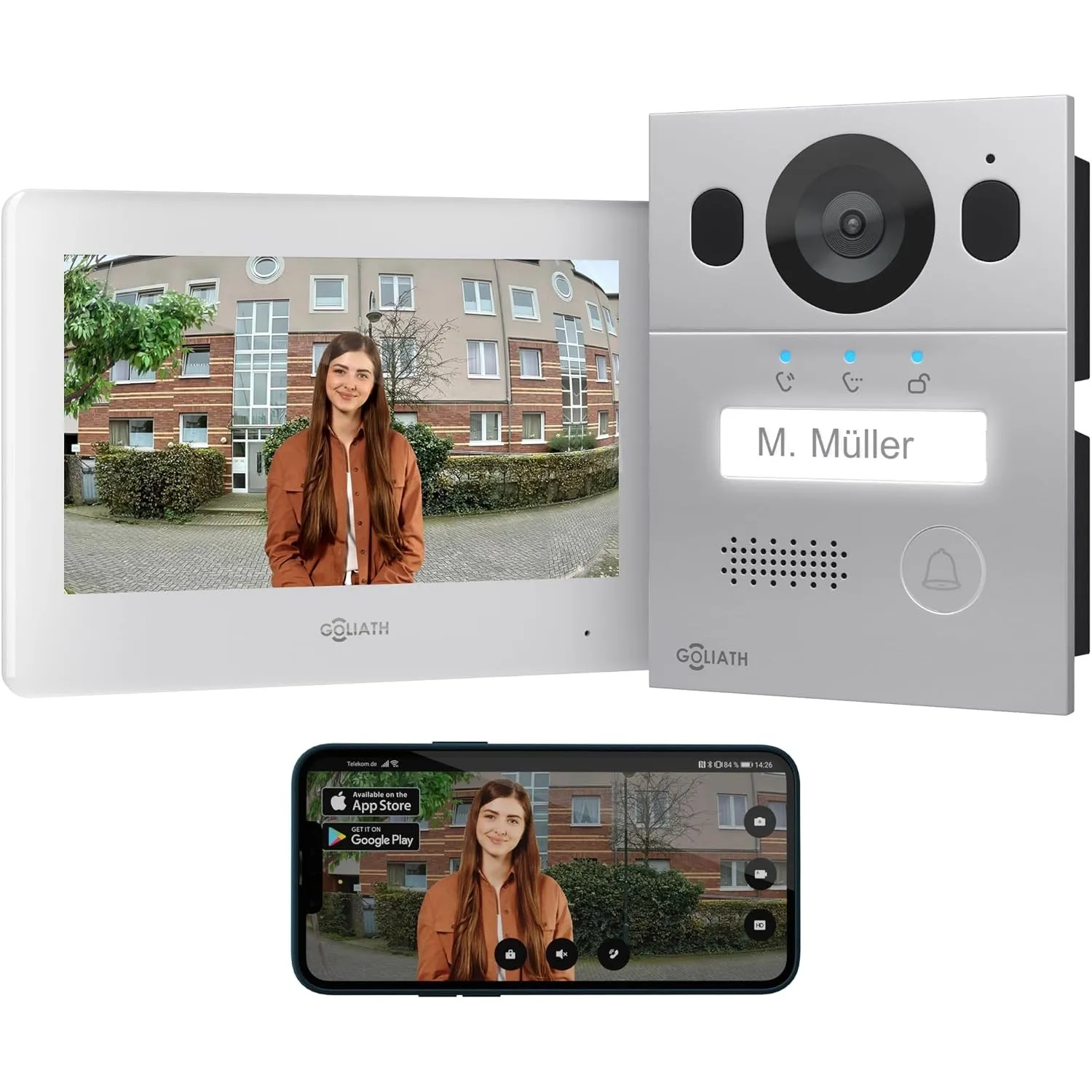 Goliath Basic Video Türsprechanlage, 2 Draht Bus, 7" Monitor, Unterputz Türklingel mit Kamera, Gegensprechanlage mit Tü…