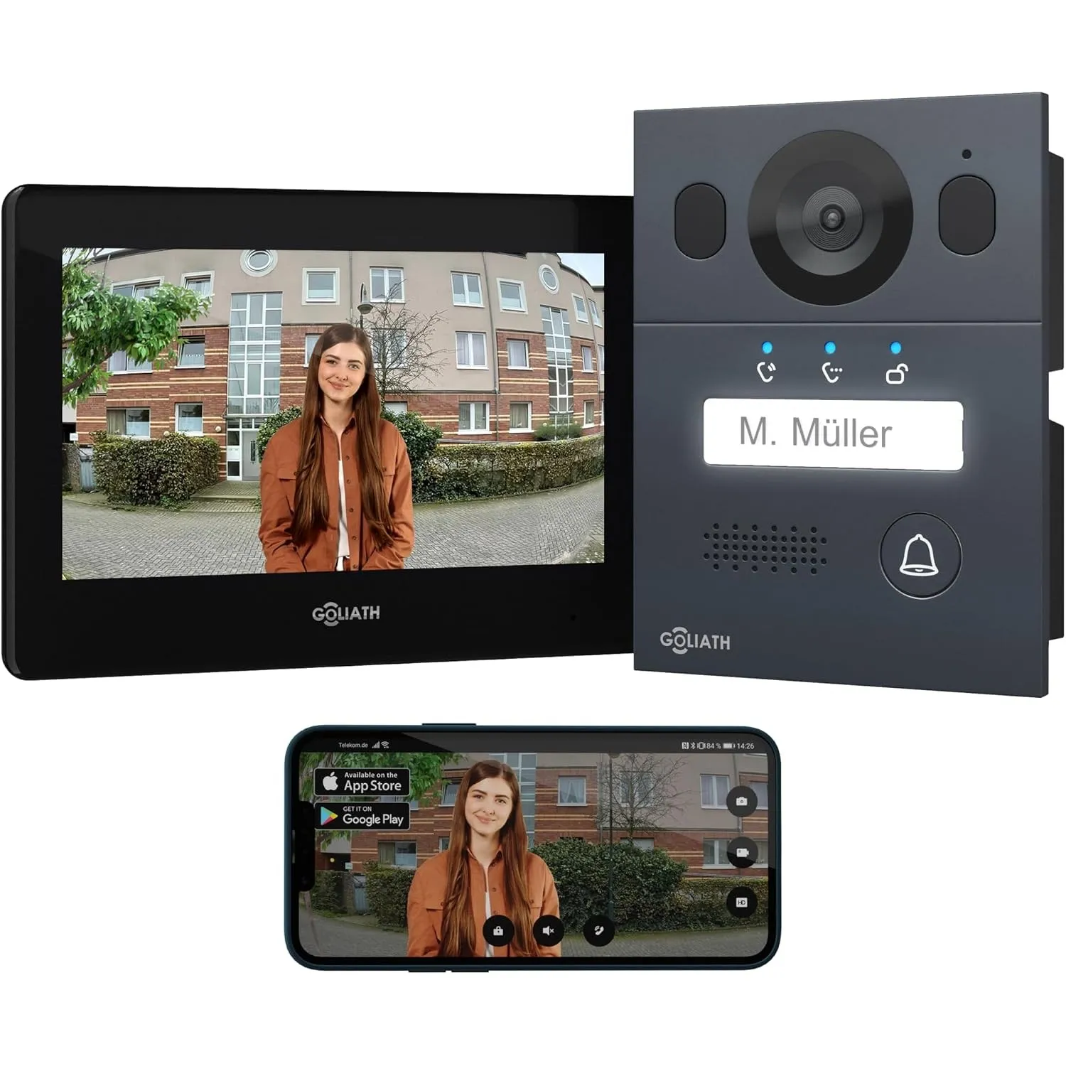 Goliath Basic Video Türsprechanlage, 2 Draht Bus, 7" Monitor, Unterputz Türklingel mit Kamera, Gegensprechanlage mit Tü…