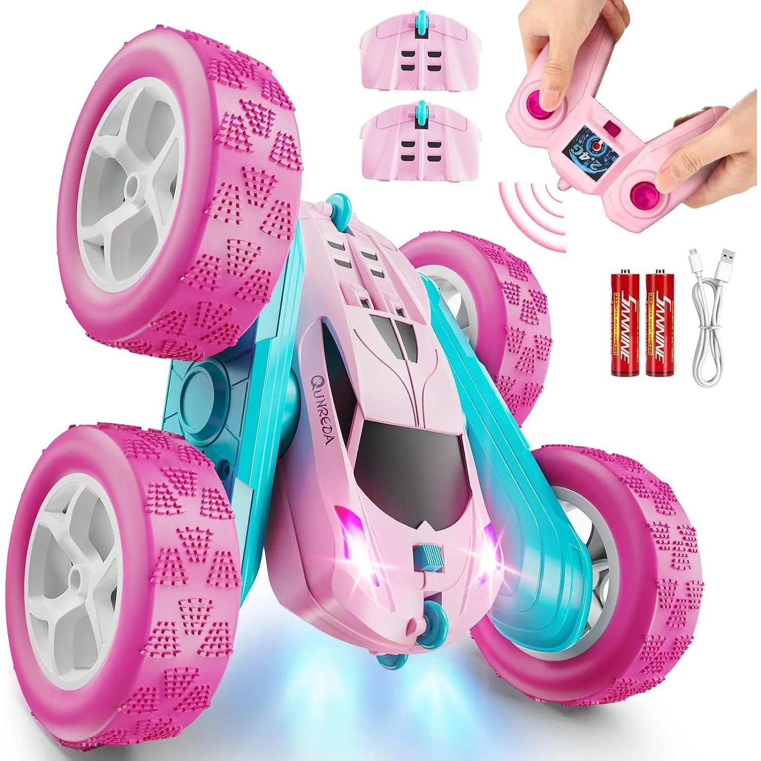 QUNREDA Ferngesteuertes Stunt Auto Pink 4WD 2.4GHz Mädchen RC Car Doppelseitig 360° Flip Rotation LED Licht Modularer A…