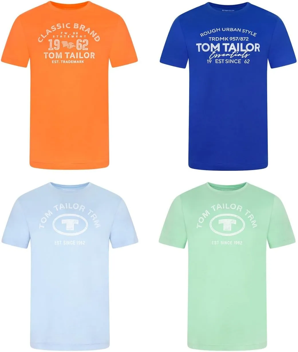 TOM TAILOR Men's Cotton T-Shirt, Regular Fit, Pack of 4, Crew Neck, Short Sleeve, Summer T-Shirt, Logo Print, 100% Cott…