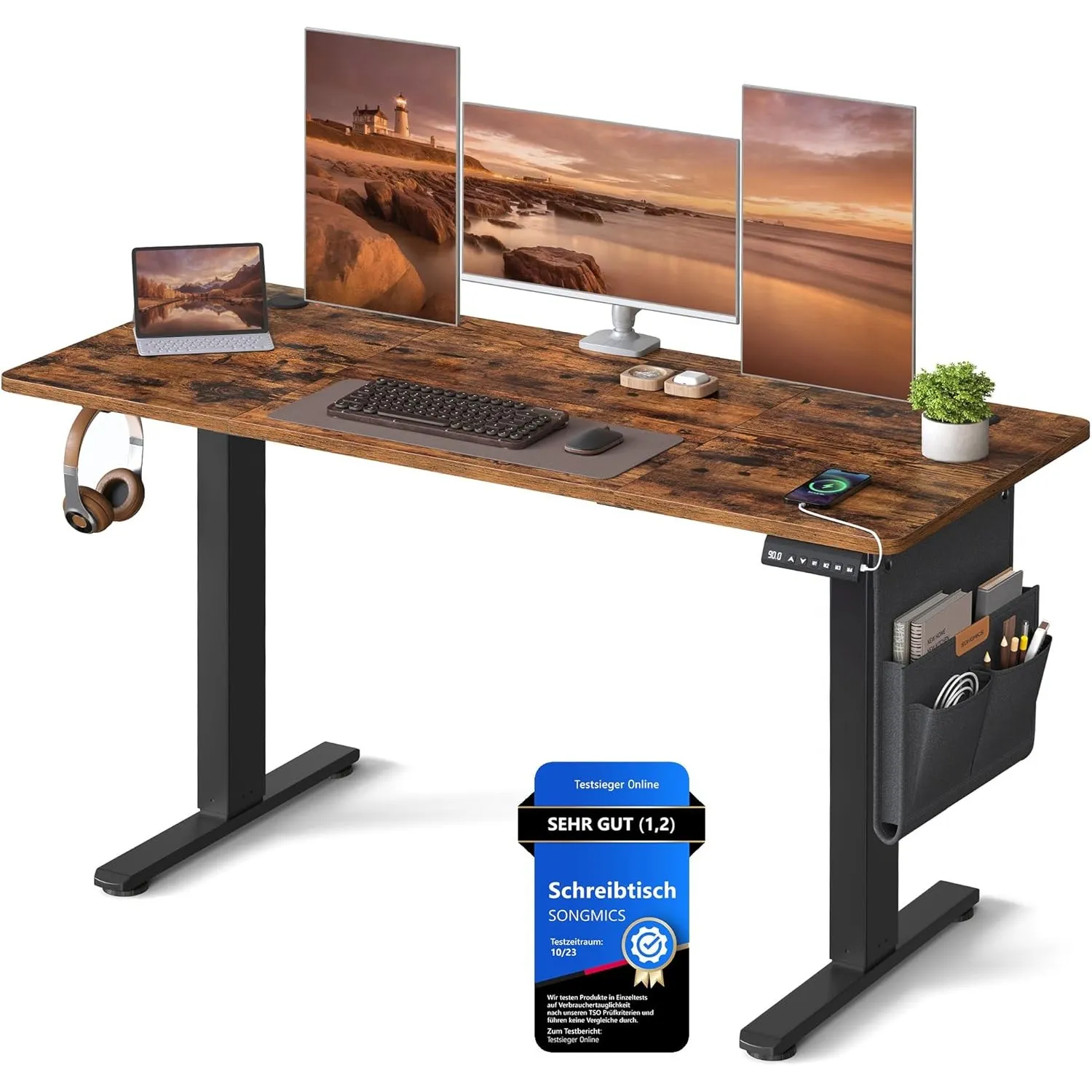 SONGMICS Höhenverstellbarer Schreibtisch elektrisch, 140 x 60 cm, stufenlos verstellbar, Memory-Funktion mit 4 Höhen, v…