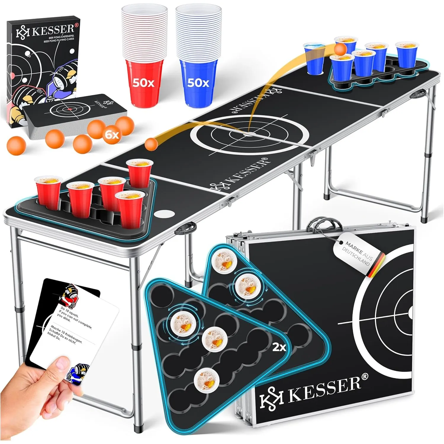 KESSER® Bier Pong Tisch Set mit Kartenspiel, Table Höhenverstellbar & Klappbar, Trinkspiel inkl. 100 Becher (50 Rot & 5…