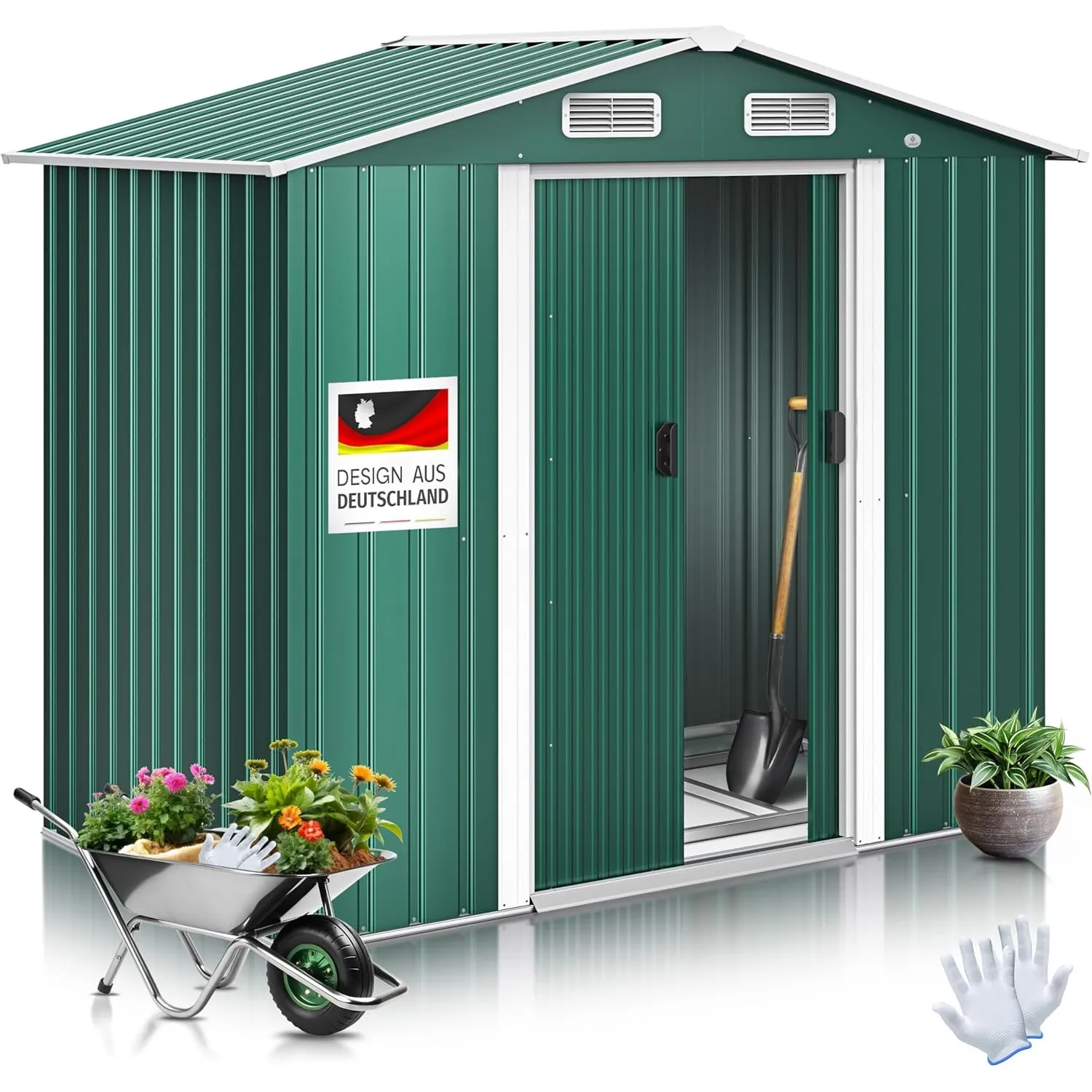 KESSER® XL Metall Gerätehaus 4,2m³ mit Fundament | Inkl. Arbeitshandschuhe | 195x131x186cm | 2X Schiebetür & Fundament …