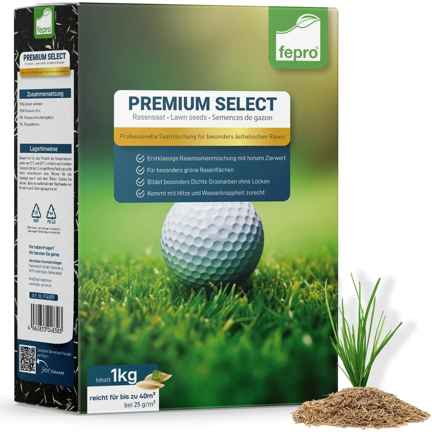 1kg Premium Rasensamen für Profis 40m², Zierrasen Superrasen, besonders dichtwachsend und tiefgrün, ideal für Neuansaat…