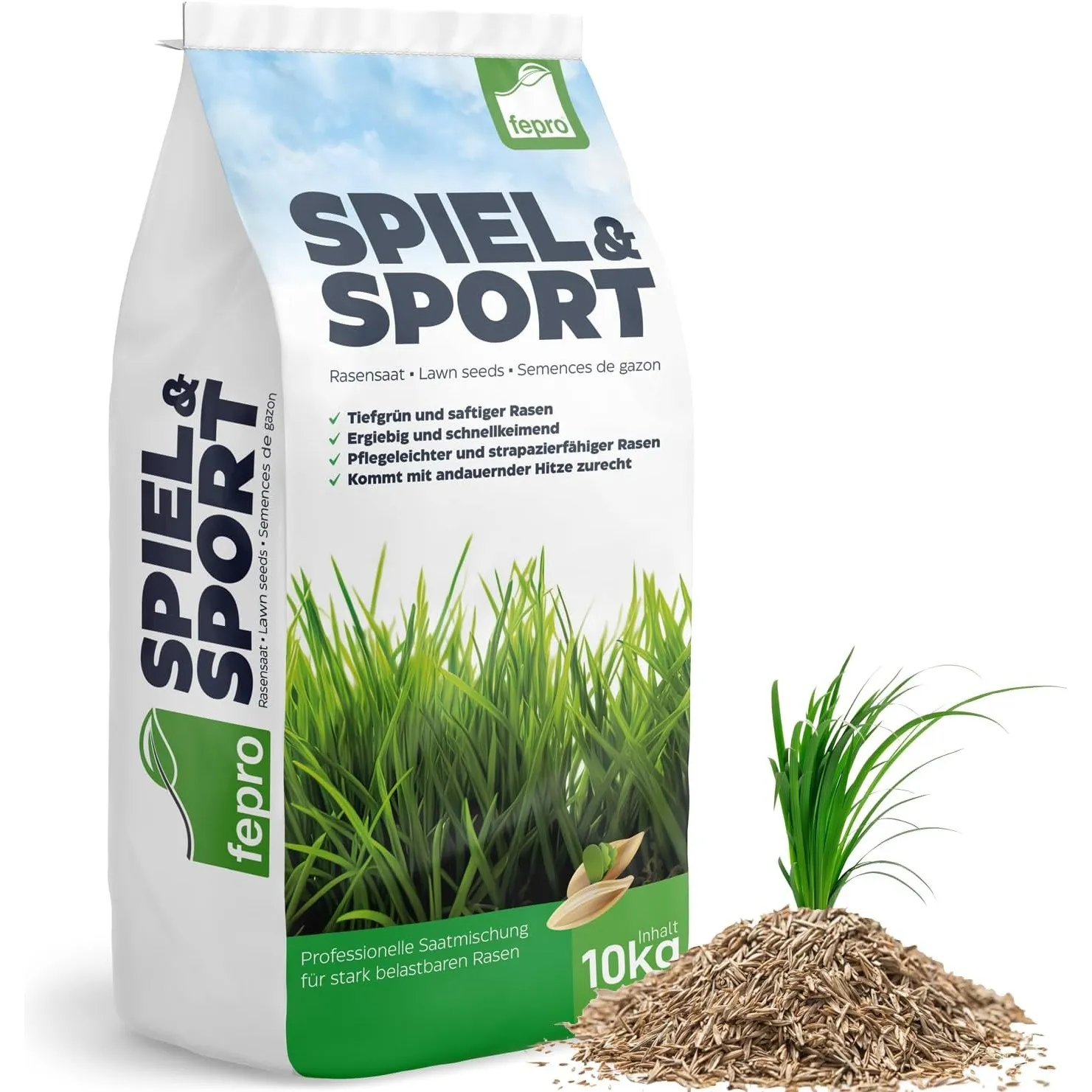 10kg Rasensamen Sport und Spiel schnellkeimend 400m², robust, tiefgrün, ideal für Neuansaat und Nachsaat, Rasensaat Gra…