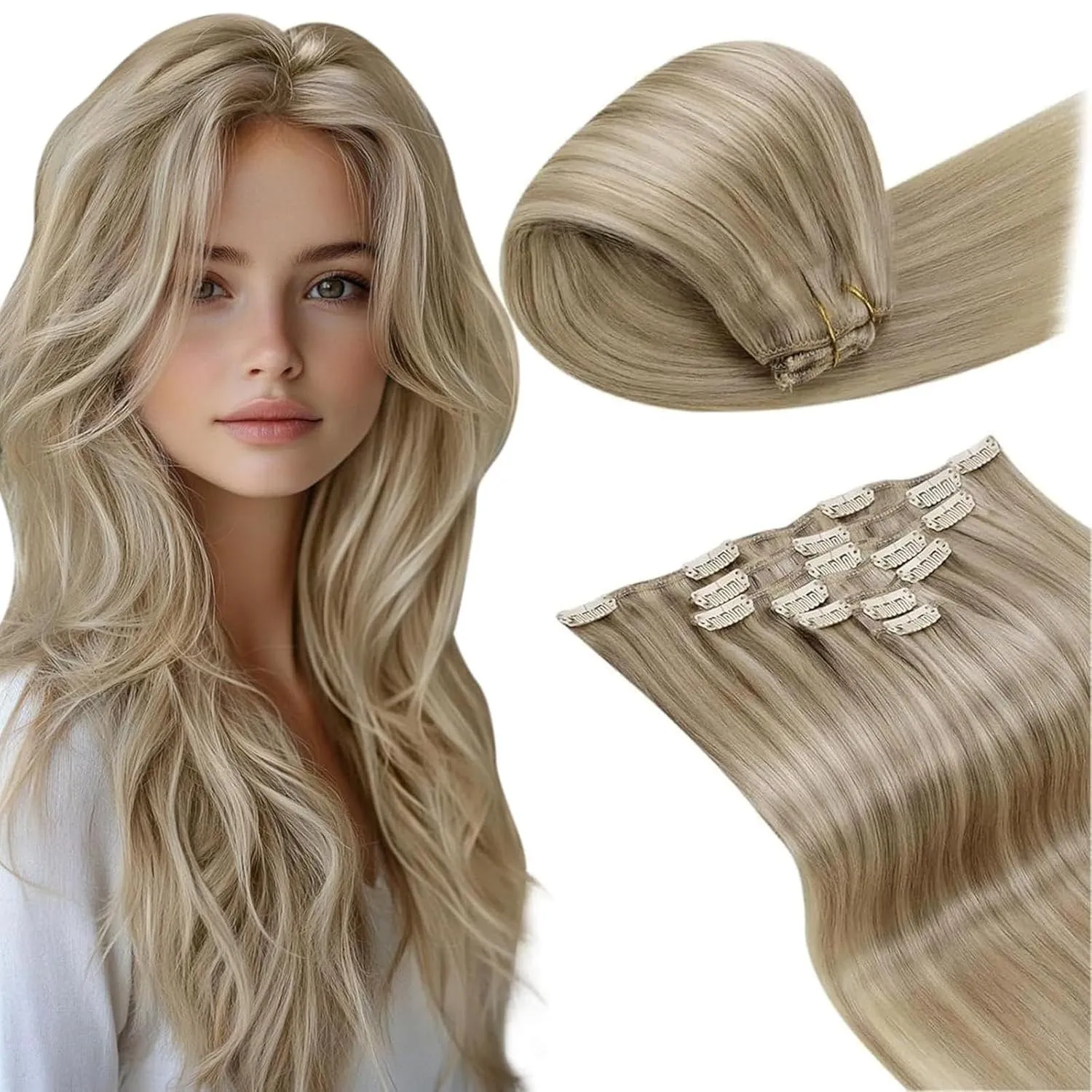 LaaVoo Clip in Extensions Echthaar Highlight Blond 55cm Clip in Extensions Natürliche Goldene Blond Mittelblond Echthaa…