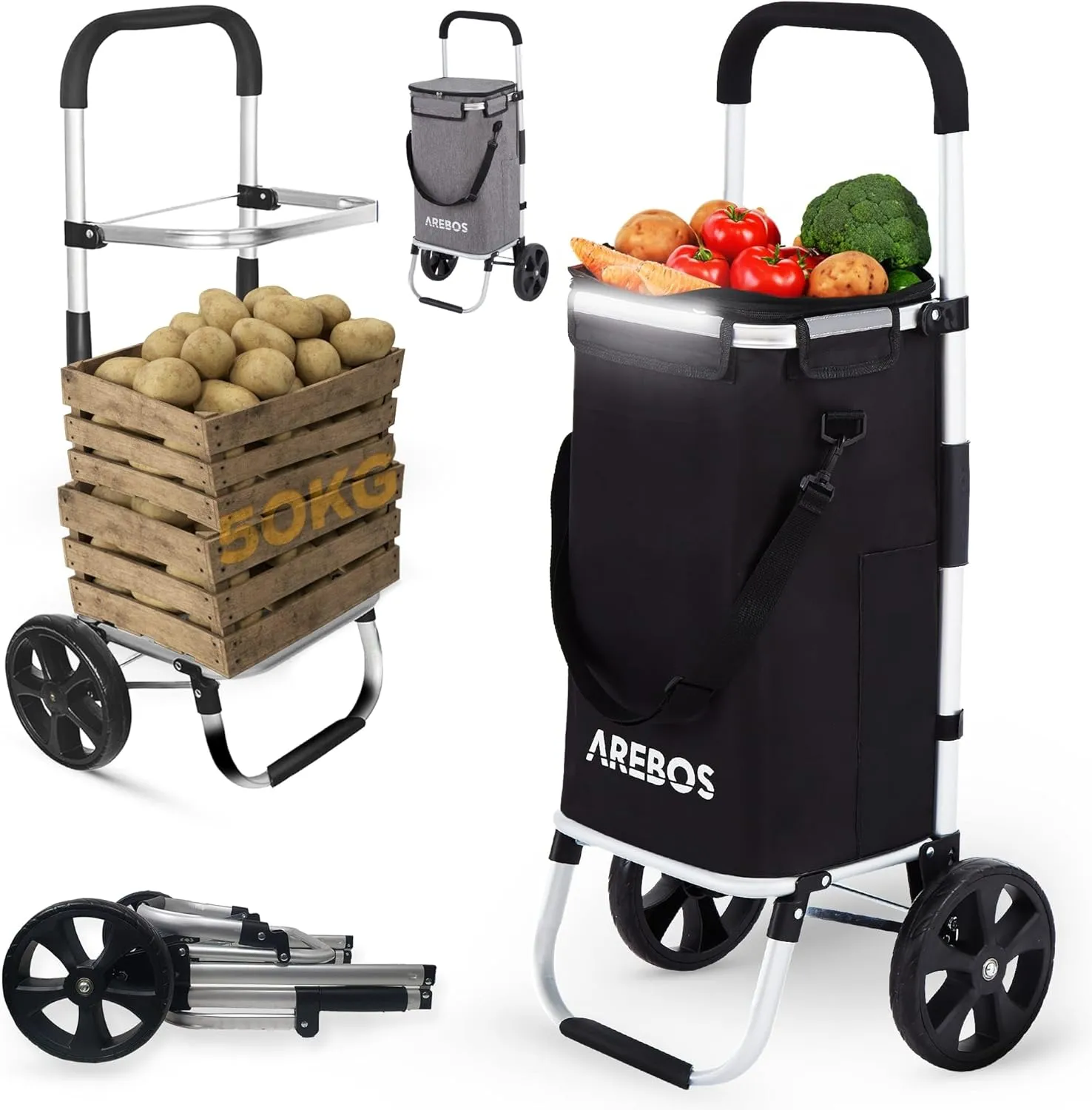Arebos 3in1 Einkaufstrolley | Trolley groß 56 Liter | Einkaufswagen mit Kühlfach | Einkaufstasche mit Rollen | Klappbar…