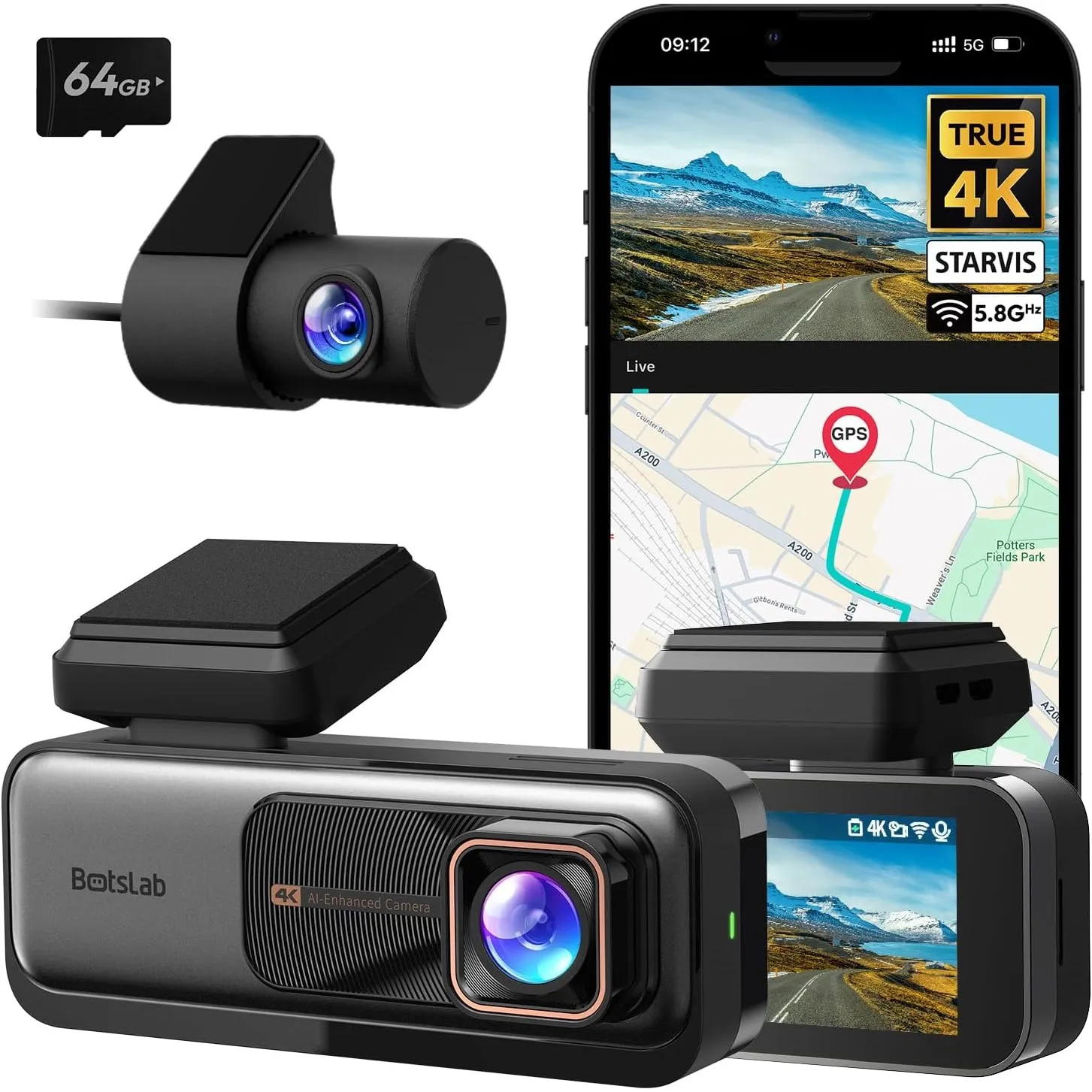 BOTSLAB Dashcam Auto Vorne Hinten 4K/2K mit STARVIS,5.8GHz WiFi Autokamera