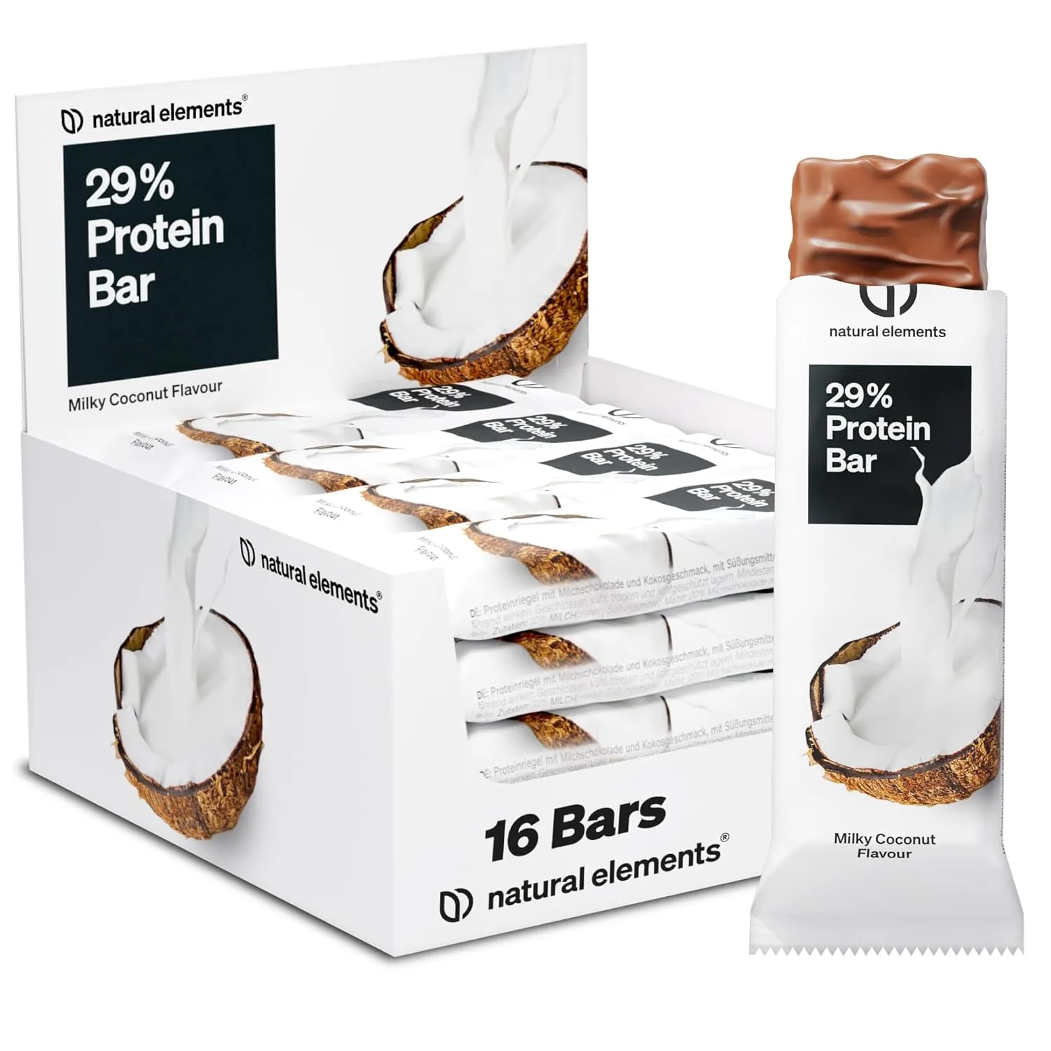 natural elements Protein Bar Milky Coconut Flavour - Low Sugar Protein Bar - 13 g Protein and 167 kcal per Bar - 16 x 4…
