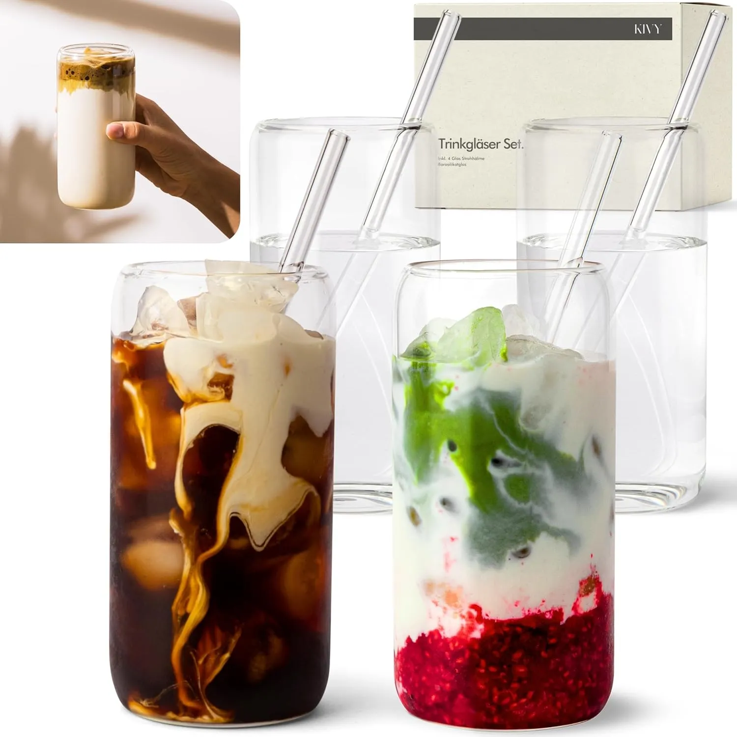 KIVY Trinkgläser Set mit Glas Strohhalm [4x 450ml] Eiskaffee, Wasser & Matcha Glas - Longdrinkgläser Set - Kaffee & Mat…