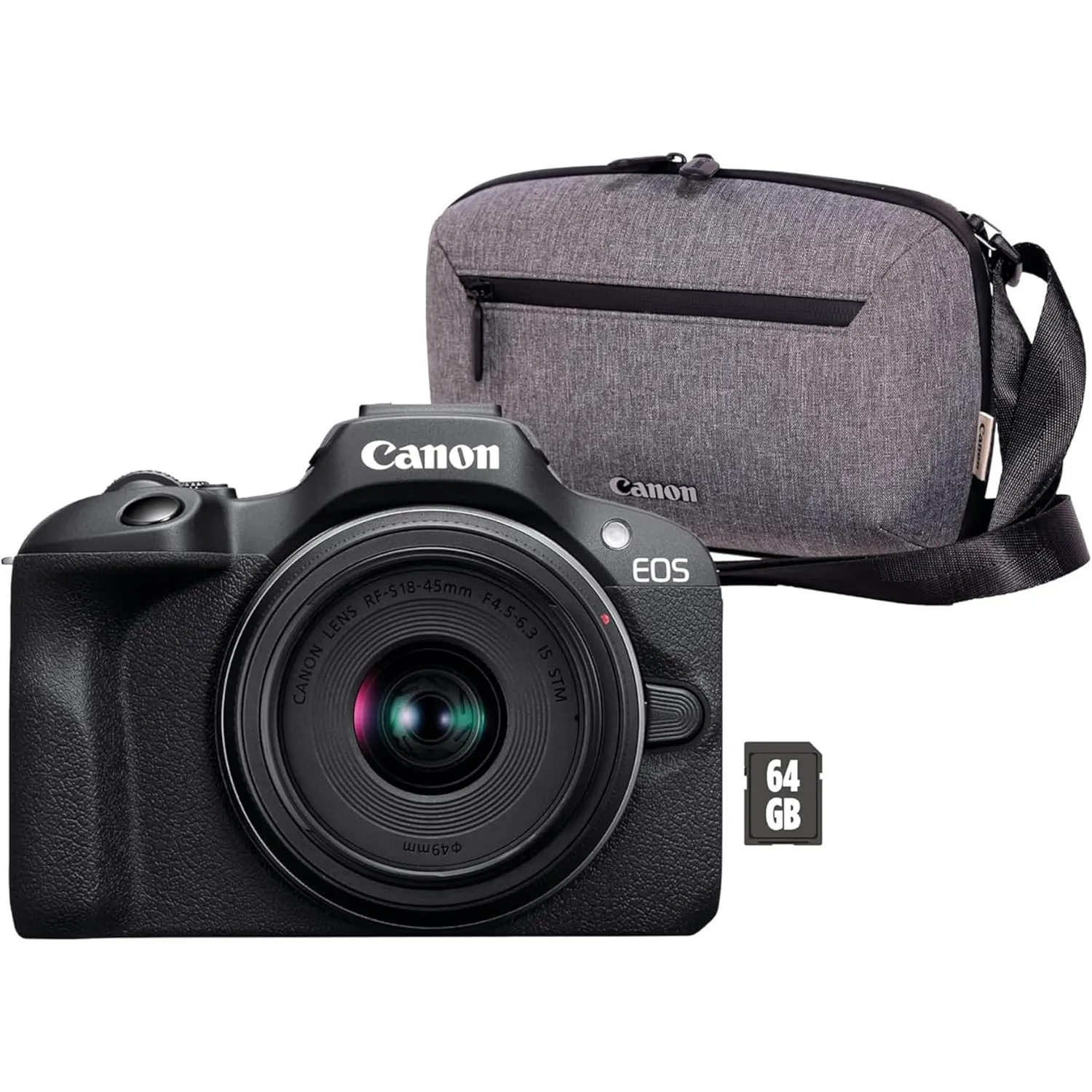 Canon EOS R100 + RF-S 18-45mm F4.5-6.3 is STM Objektiv + Kameratasche + 64GB SD-Karte (Spiegellose Digitalkamera, 4k Vi…