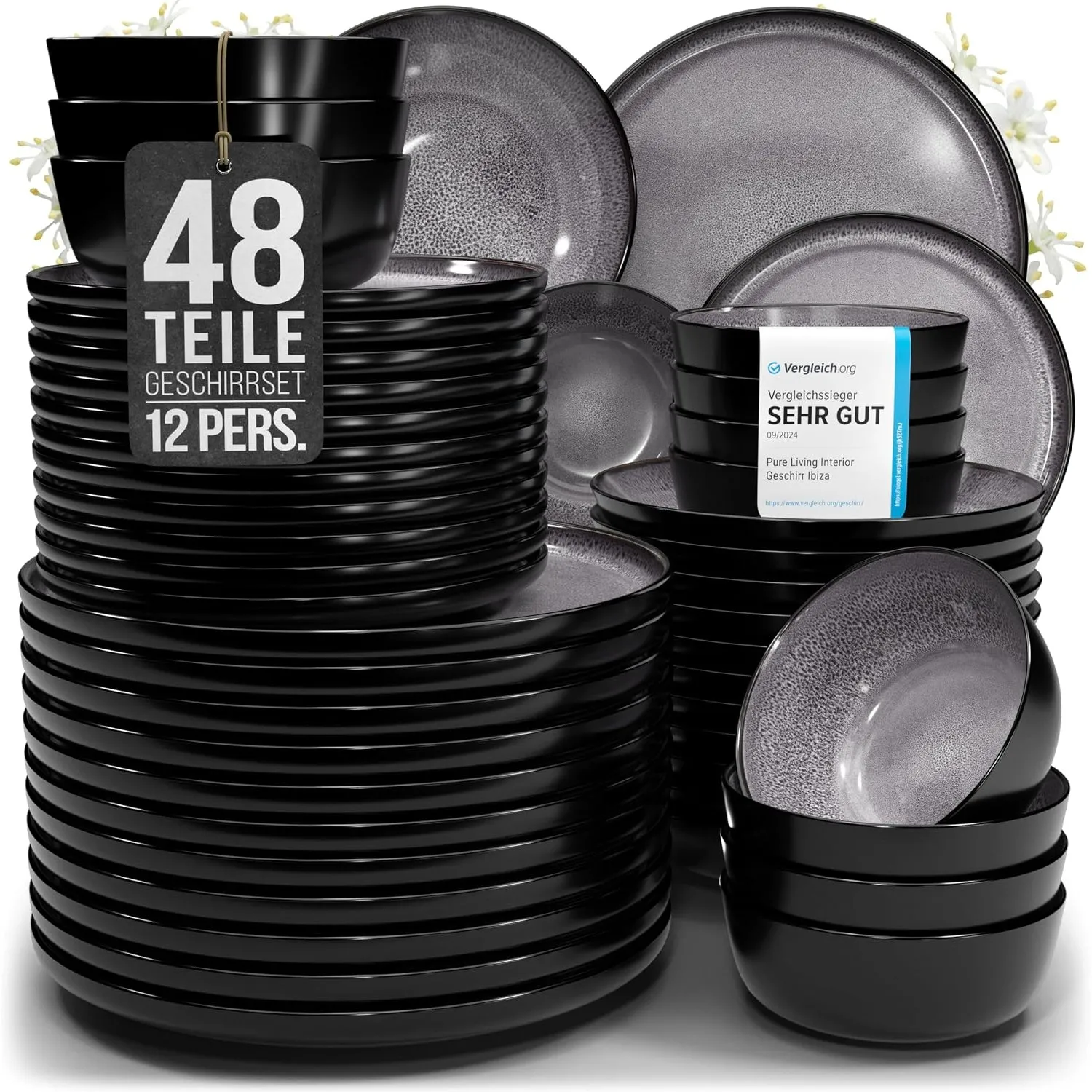 Steingut Geschirrset 12 Pers. Ibiza 48-tlg Hochwertiges Mediterranes Steingut Geschirr Set - Schüssel- und Teller Set -…