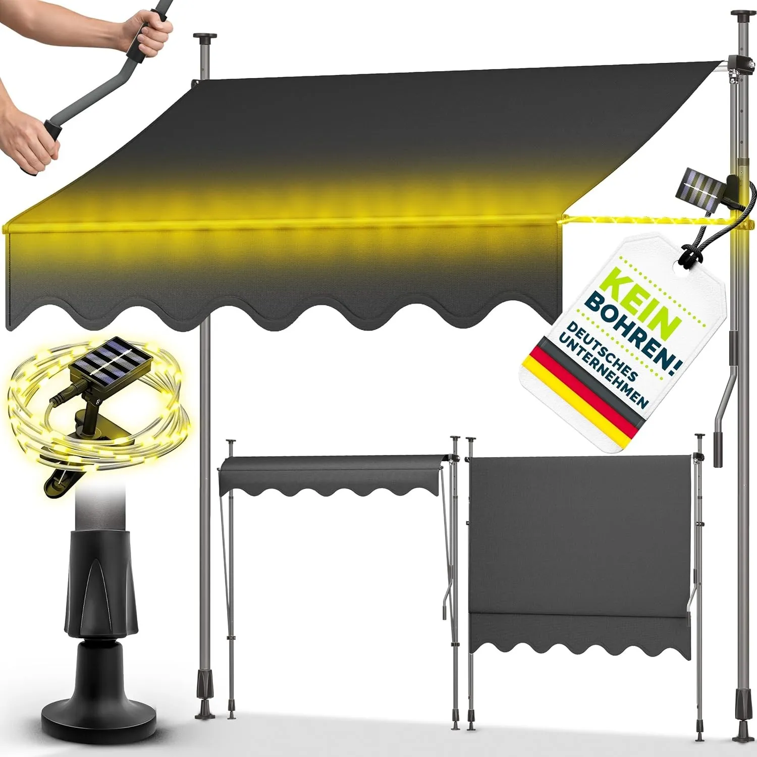tillvex Klemmmarkise 200cm mit Handkurbel & LED Lichterkette Balkonmarkise | Markise Balkon UV-beständig, wasserdicht &…