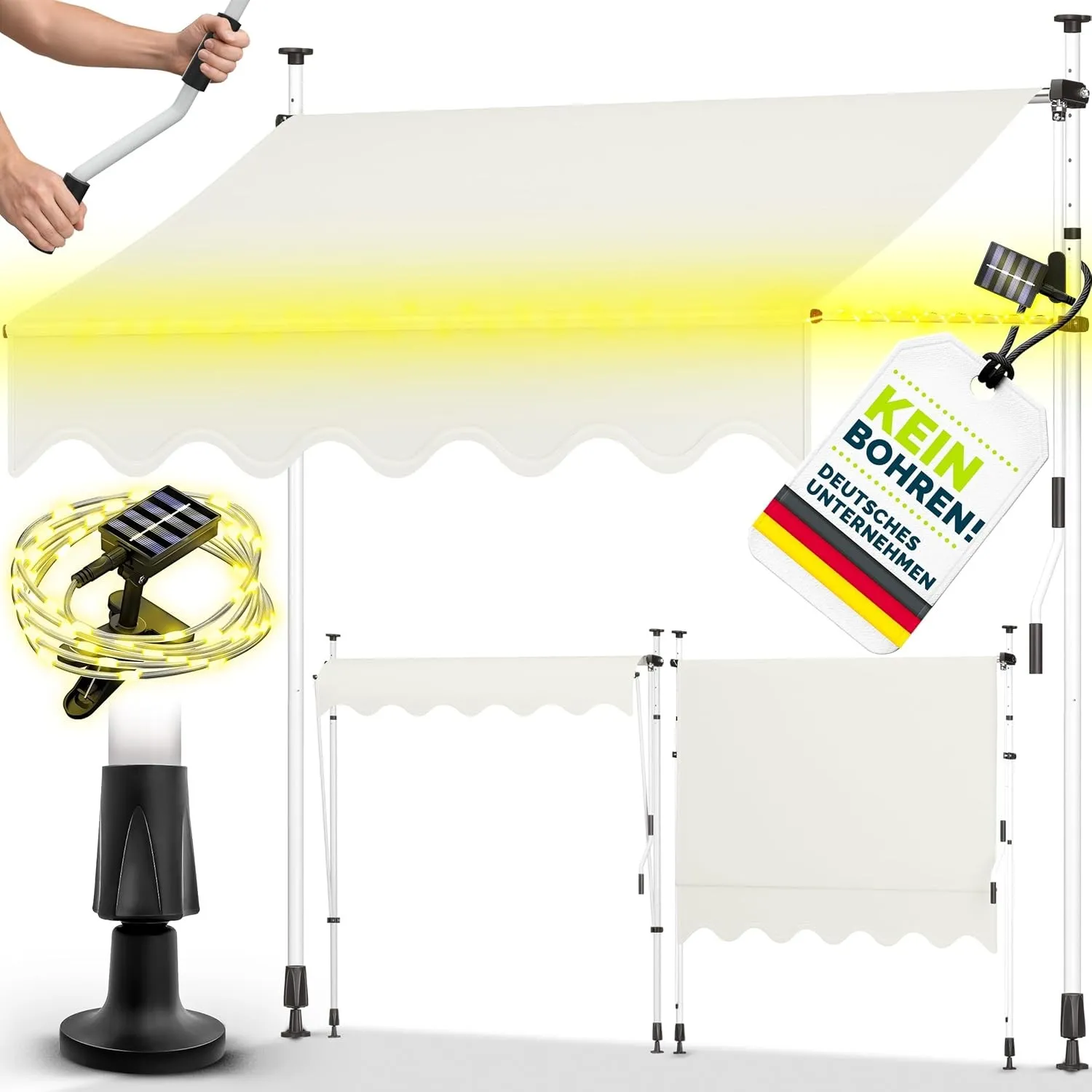 tillvex Klemmmarkise 200cm mit Handkurbel & LED Lichterkette Balkonmarkise | Markise Balkon UV-beständig, wasserdicht &…