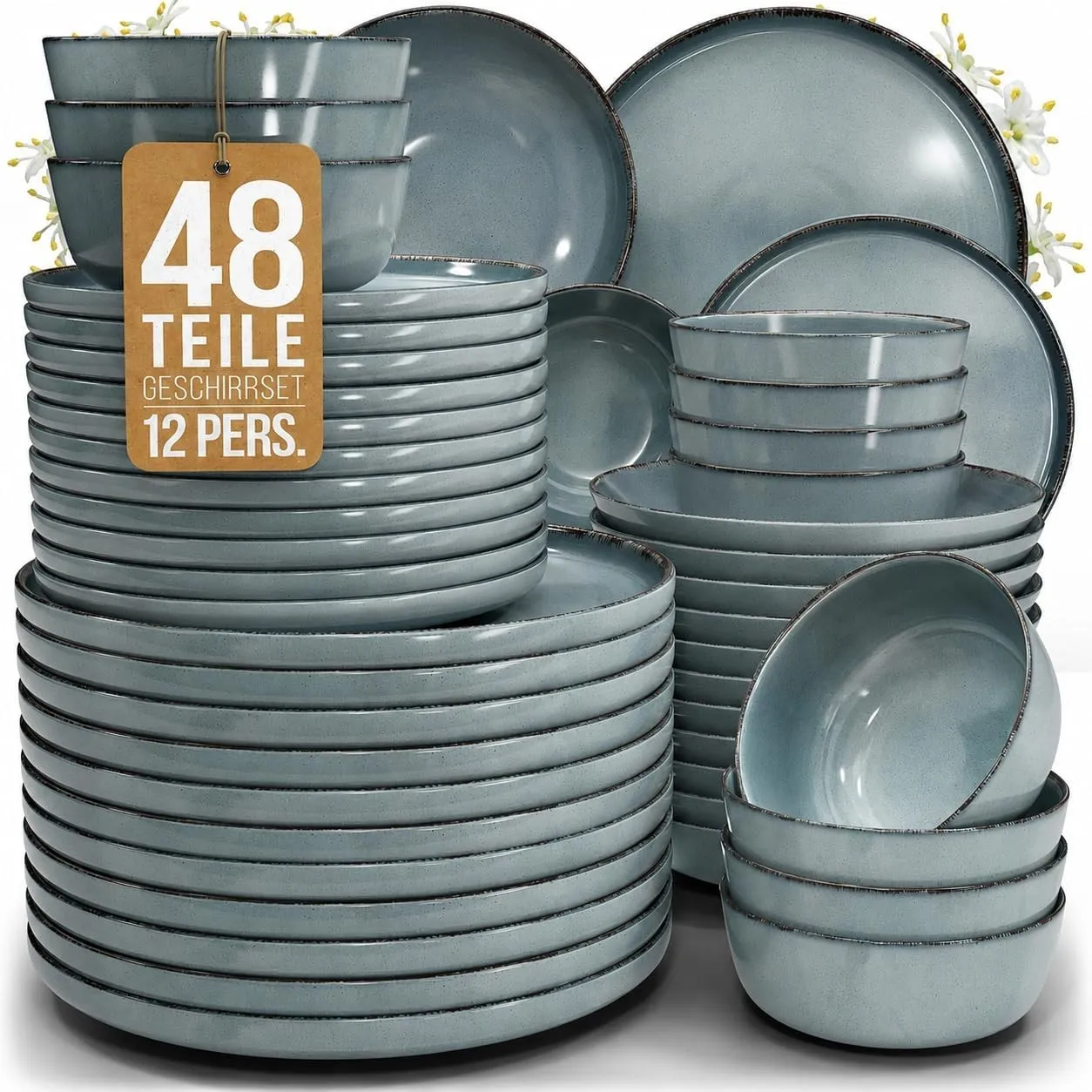Steingut Geschirrset 12 Personen Rustic 48 tlg. TESTSIEGER, Hochwertiges Landhaussttil Steingut Geschirr Set, Schüssel-…